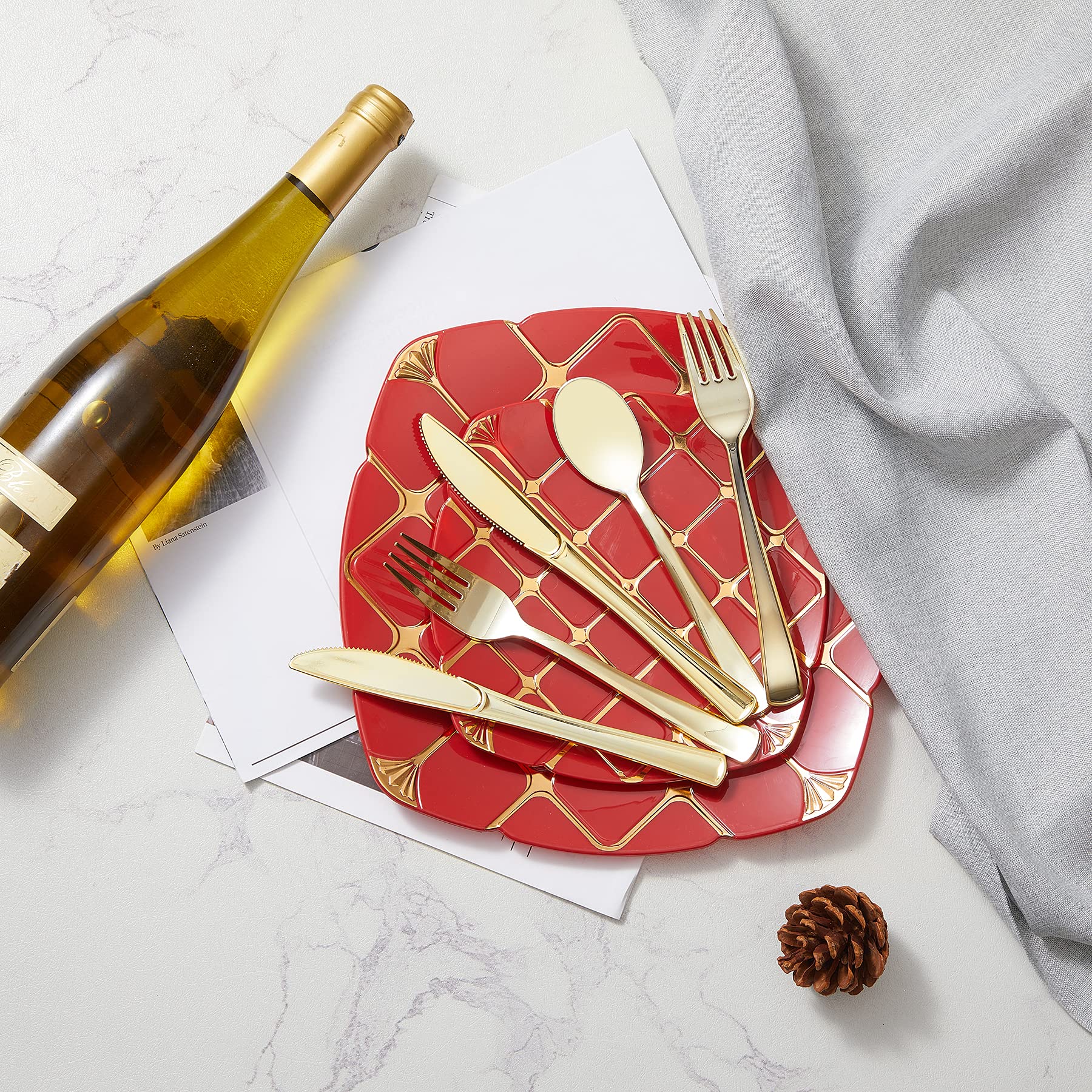 N9R 300PCS Gold Plastic Silverware, Heavy Duty Gold Plastic Cutlery Set Disposable Flatware Dinnerware, 100 Forks, 100 Spoons, 100 Knives, Perfect for Party, Wedding and Daily Use