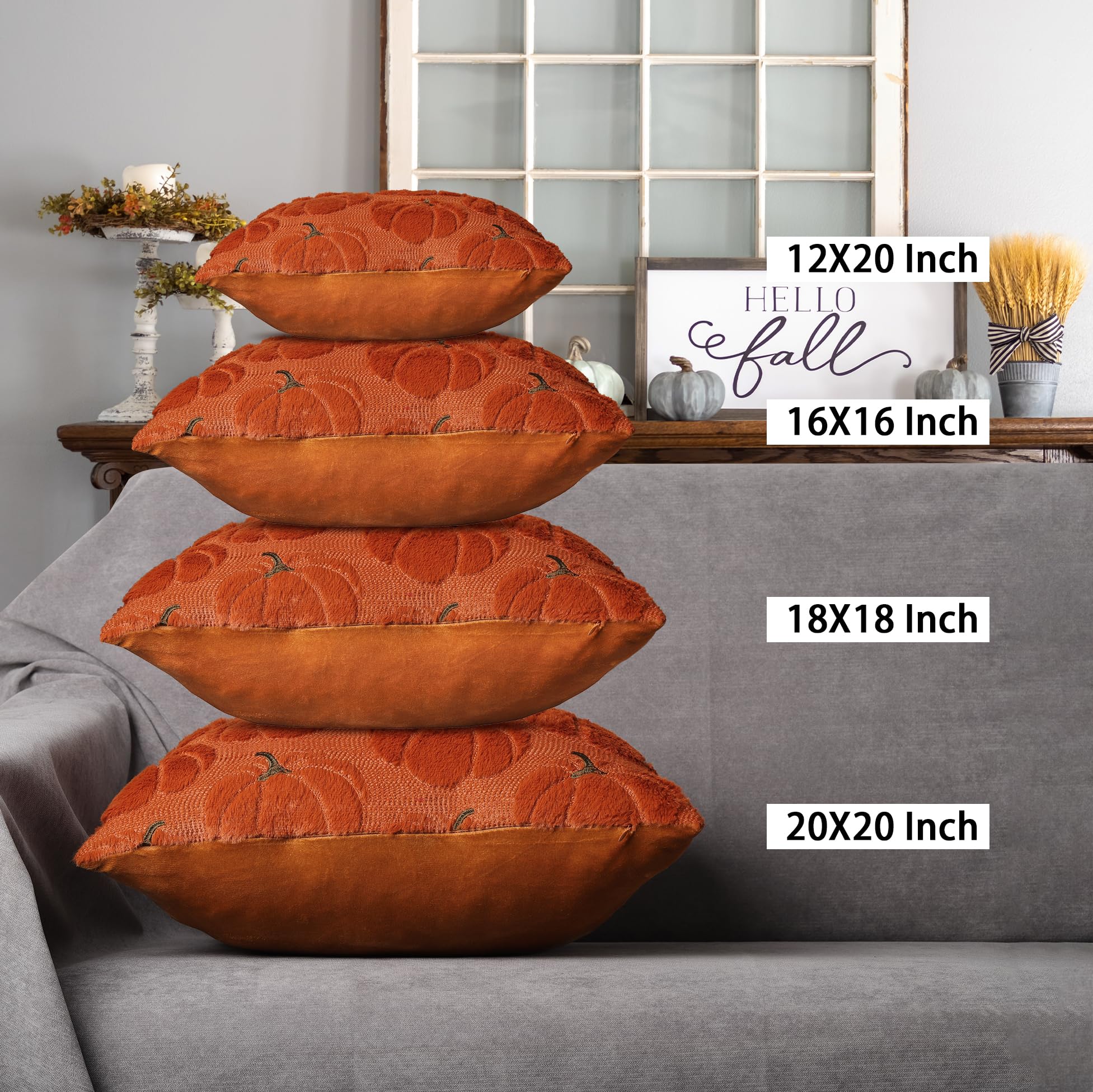 4TH Emotion Fall Pumpkins Decorative Pillow Covers 18x18 Set of 2, Beige Soft Plush Faux Fur Wool Farmhouse Throw Cushion Cases for Autumn Thanksgiving Holiday Home Decorations