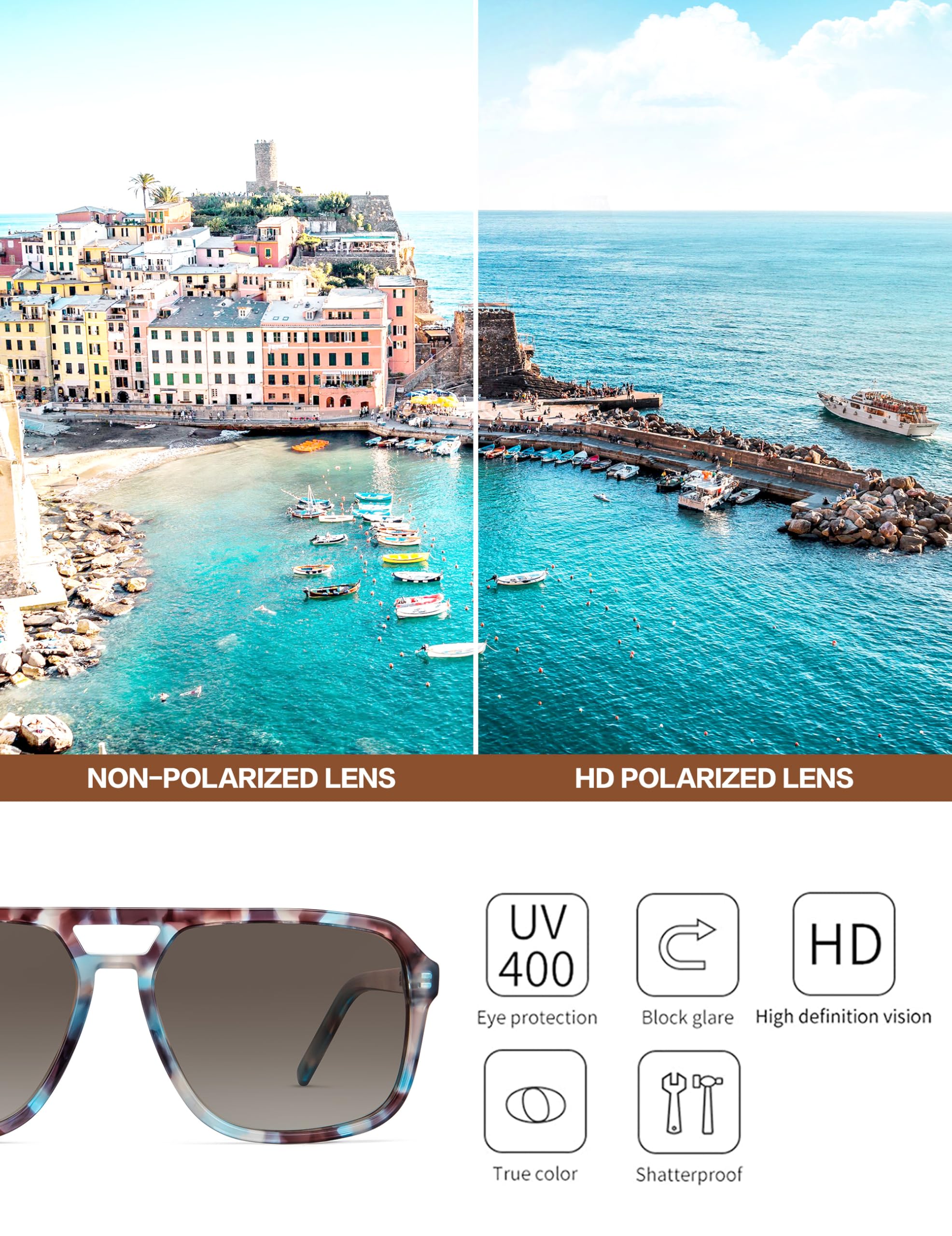 BIRCEN Women Polarized Acetate Sunglasses: Fashion Square Aviator Shades UV Protection for Trendy Laides Travel Beach Outdoor