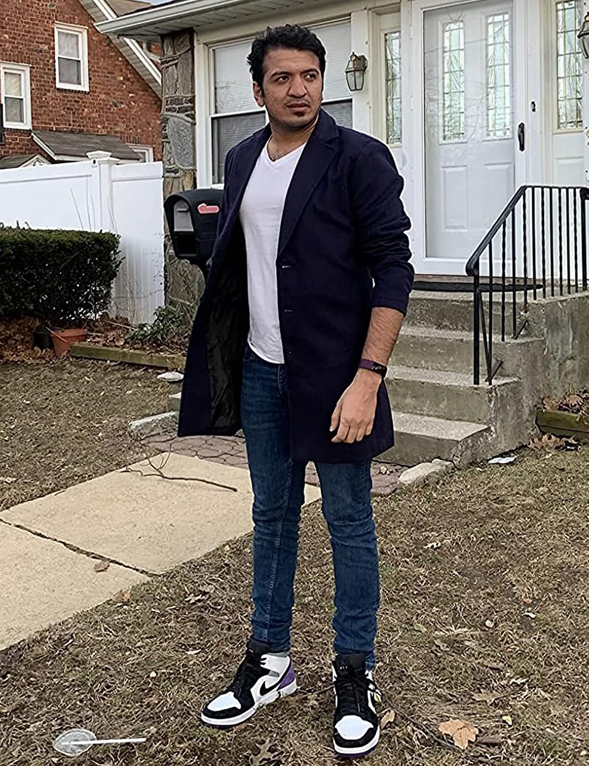 Springrain Men's Wool Blend Pea Coat Notched Collar Single Breasted Overcoat Warm Winter Trench Coat