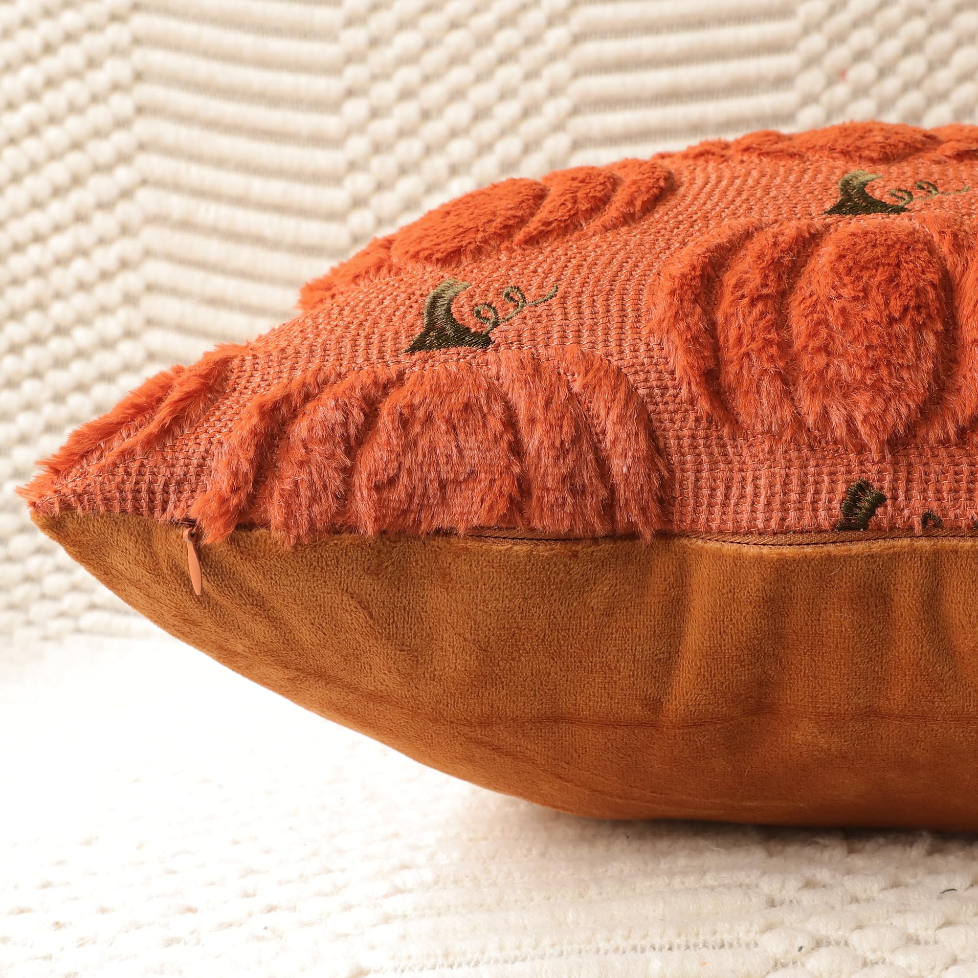 4TH Emotion Fall Pumpkins Decorative Pillow Covers 18x18 Set of 2, Beige Soft Plush Faux Fur Wool Farmhouse Throw Cushion Cases for Autumn Thanksgiving Holiday Home Decorations