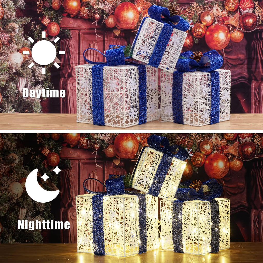 Christmas Decorations, Set of 3 Christmas Lighted Gift Boxes, Battery Operated Xmas Present Boxes, Warm White LED with Bows for Indoor Christmas Tree, Yard, Home Decor