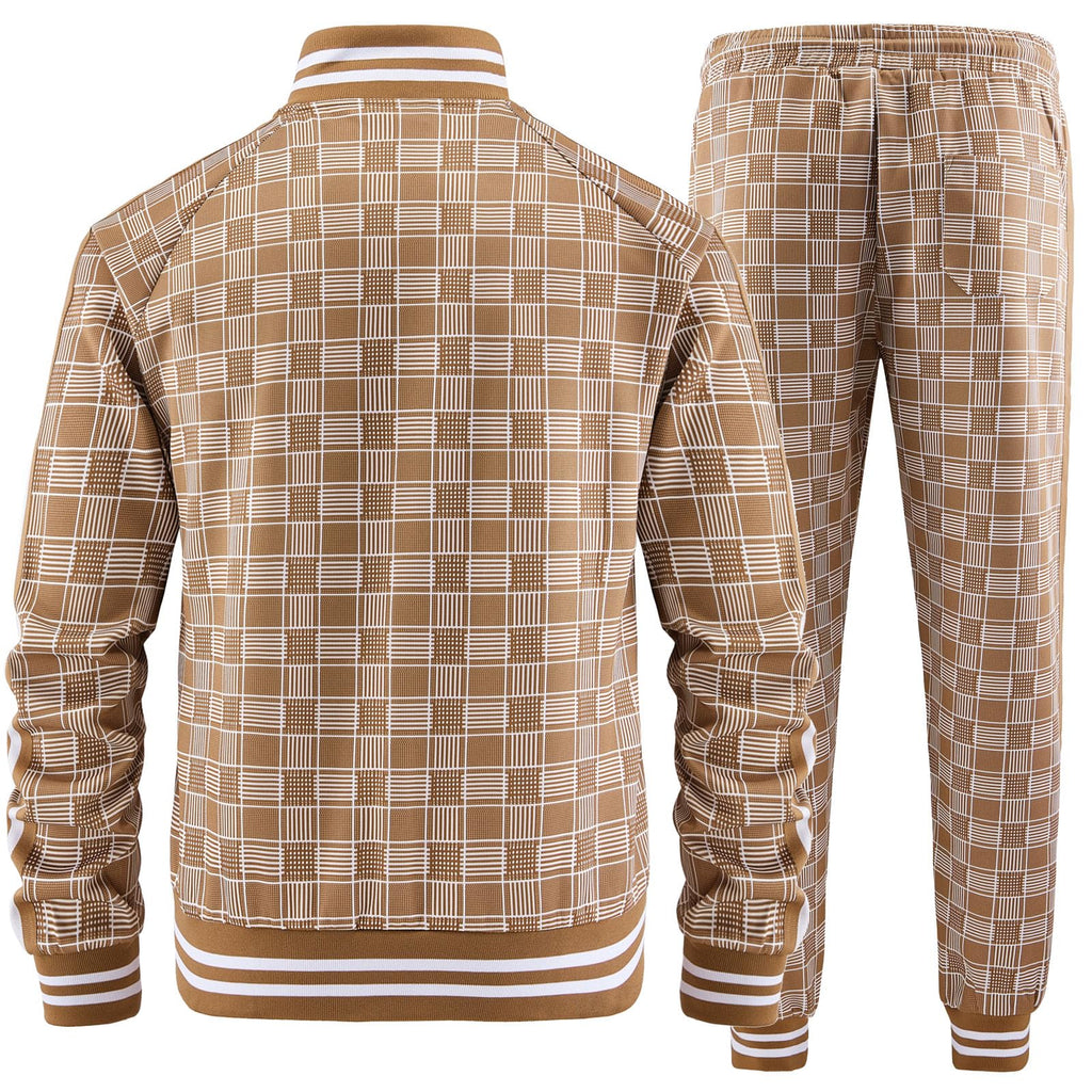 Men Tracksuits Full-zip Long Sleeve Plaid Track Jackets and Pants 2 Piece