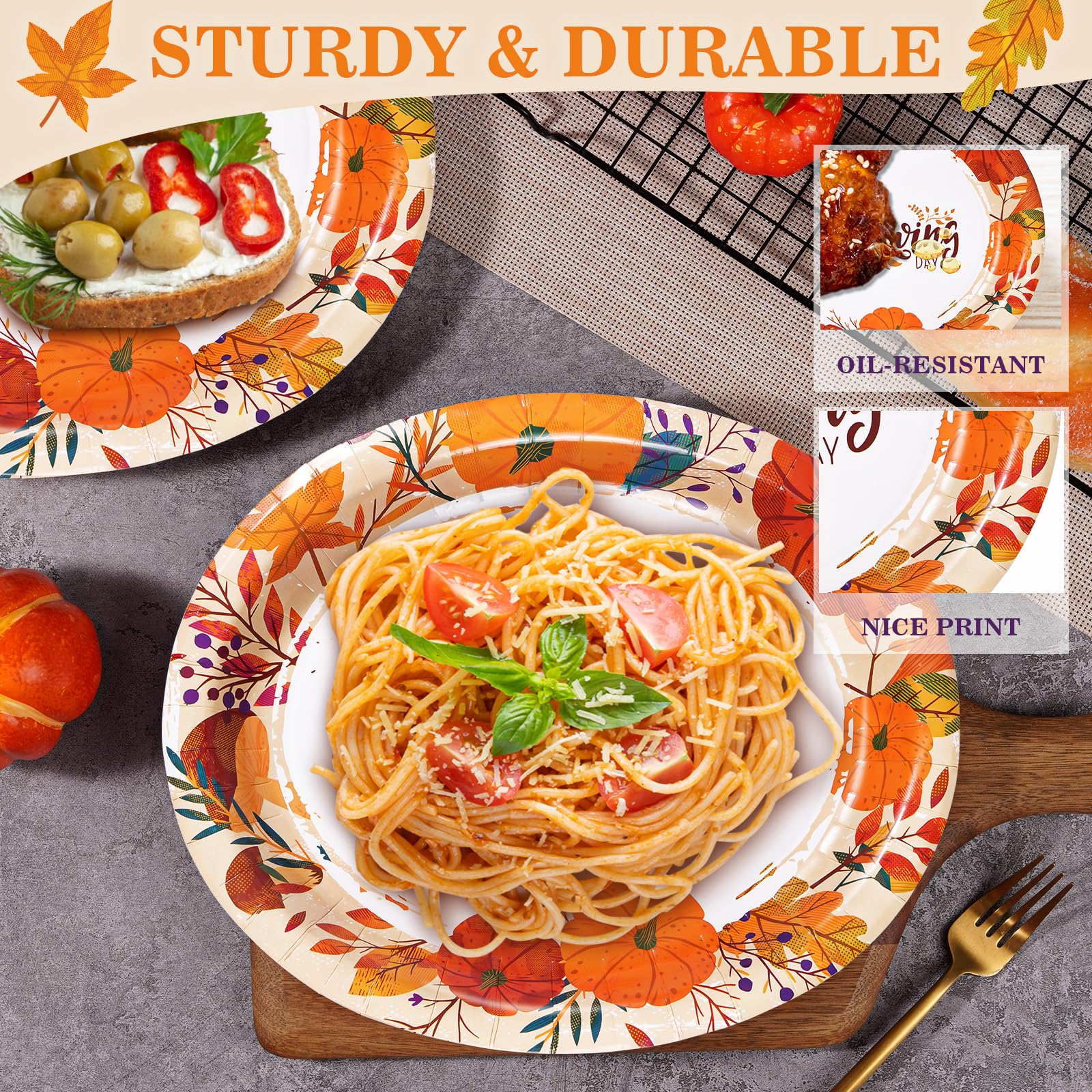 50 Count Thanksgiving Oval Paper Plates, 10" x 12.5" Large Disposable Dinner Serving Party Platters Heavy Duty, Autumn Fall Harvest Party Supply Thanksgiving Decor
