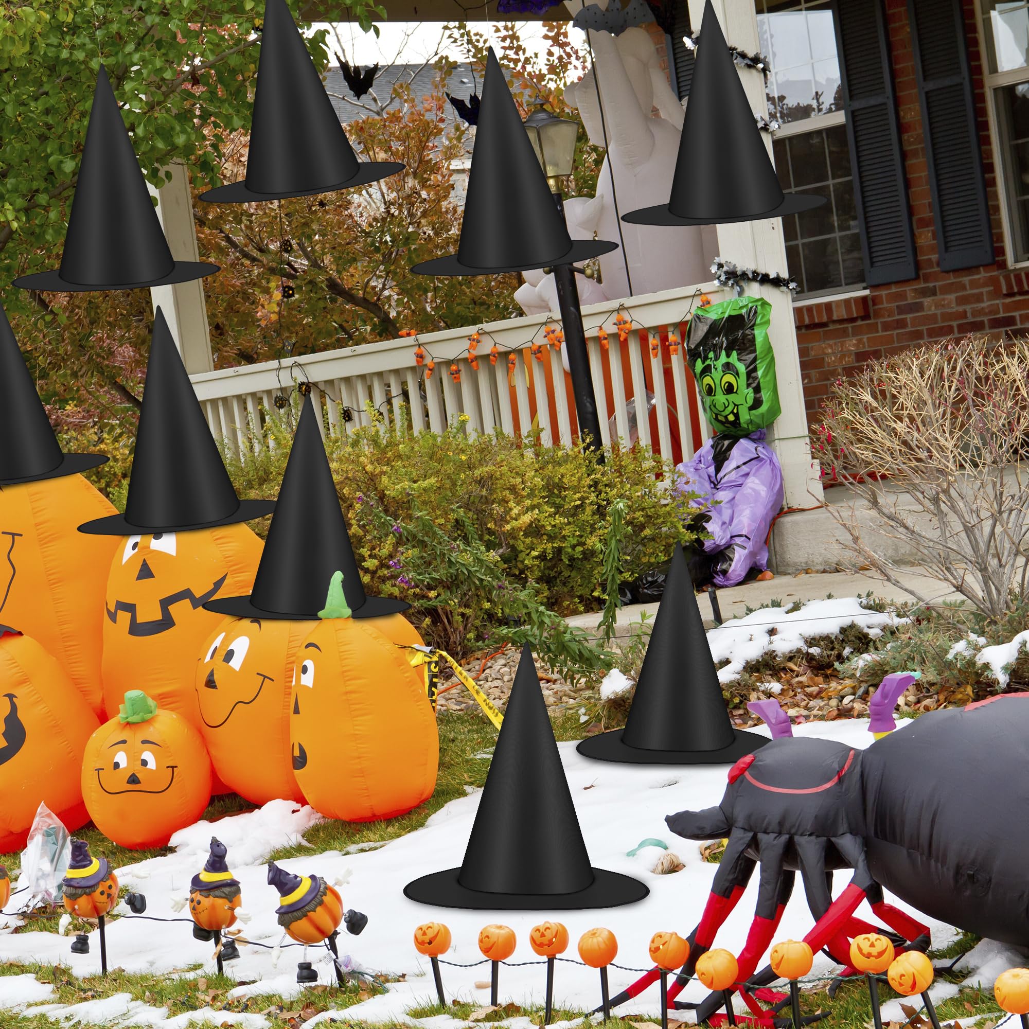12 PCS Halloween Witch Hats, Black Hanging Witch Hat, Witch Costume Accessories Witches Hat with 328 FT Nylon Cord Wizard Hats Indoor Outdoor Halloween Decorations for Home Yard Porch Ceiling