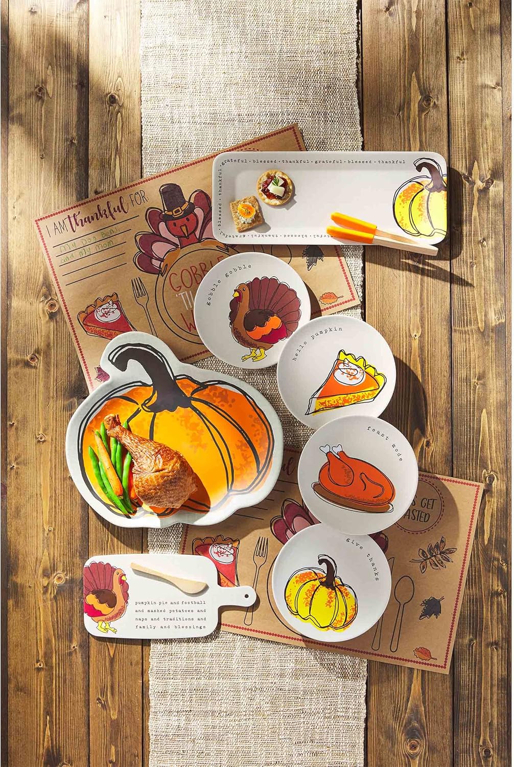 Mud Pie Thanksgiving Melamine Tray Set, tray 6" x 15" | tongs 7"