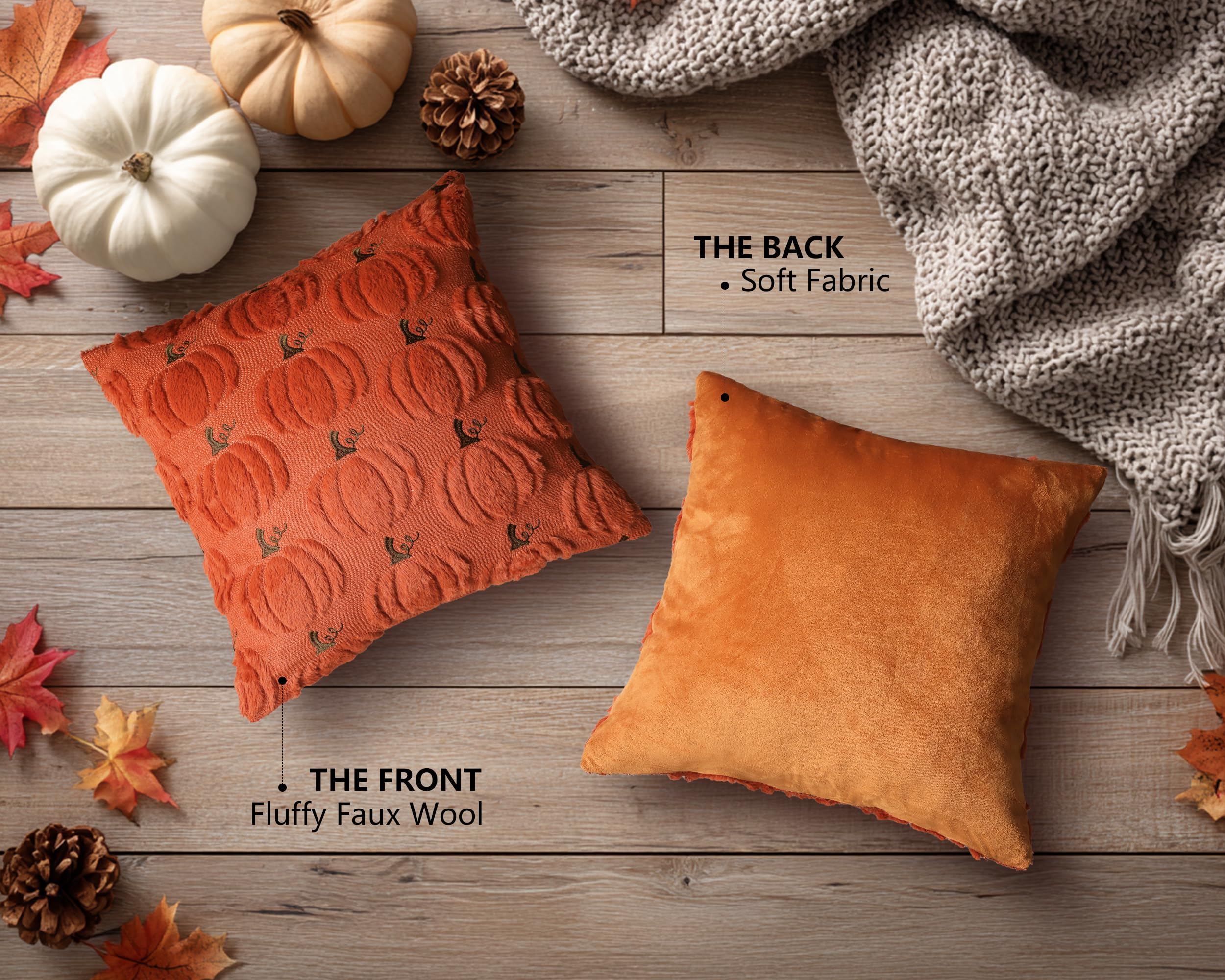 4TH Emotion Fall Pumpkins Decorative Pillow Covers 18x18 Set of 2, Beige Soft Plush Faux Fur Wool Farmhouse Throw Cushion Cases for Autumn Thanksgiving Holiday Home Decorations