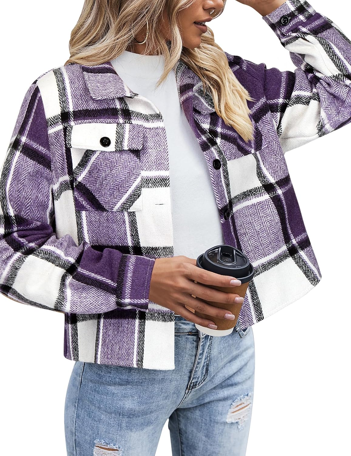 Zeagoo Flannels for Women Cropped Shacket Jacket Fashion Plaid Button Down Shirt 2025 Fall Coat Tops