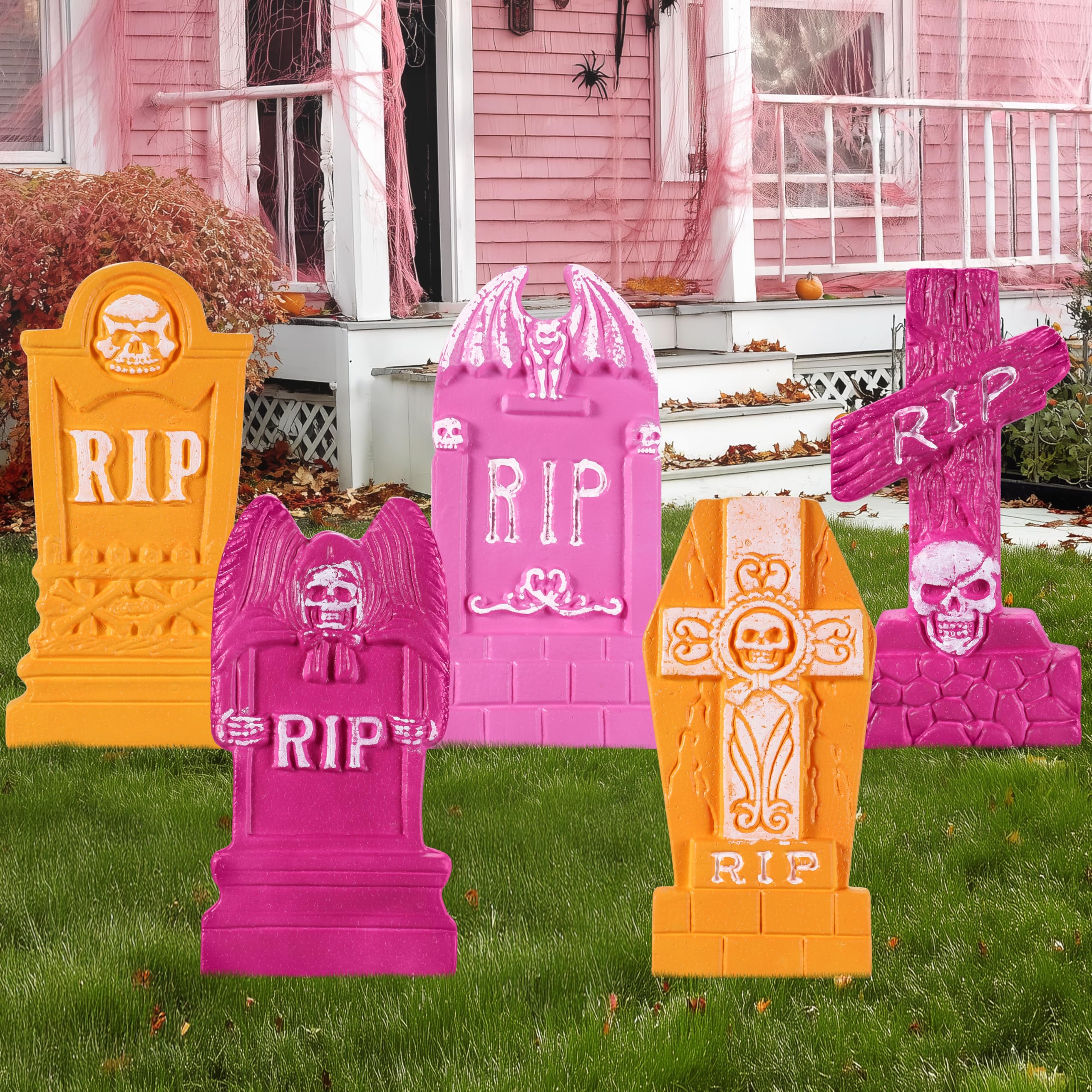 JOYIN 17” Halloween Foam RIP Graveyard Tombstones (5 Pack), Halloween Tombstones Outdoor Decorations for Graves Decorations with 12 Metal Stakes for Cemetery Yard Lawn Party Decor