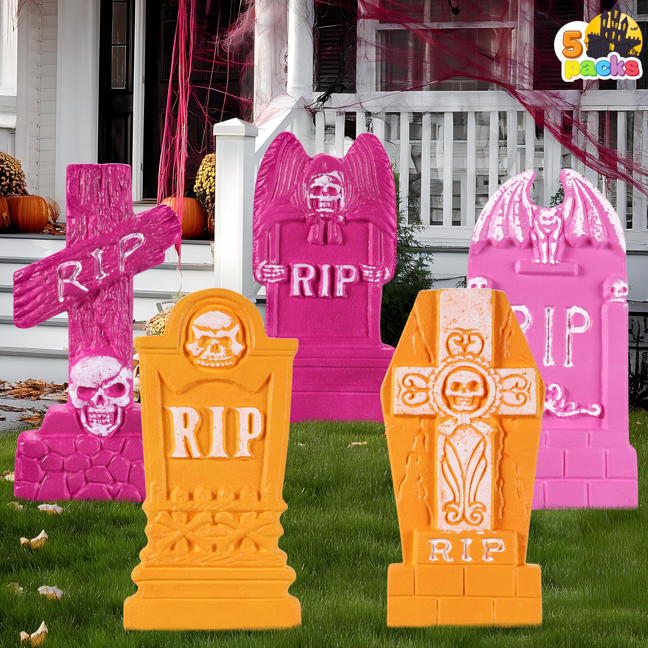JOYIN 17” Halloween Foam RIP Graveyard Tombstones (5 Pack), Halloween Tombstones Outdoor Decorations for Graves Decorations with 12 Metal Stakes for Cemetery Yard Lawn Party Decor