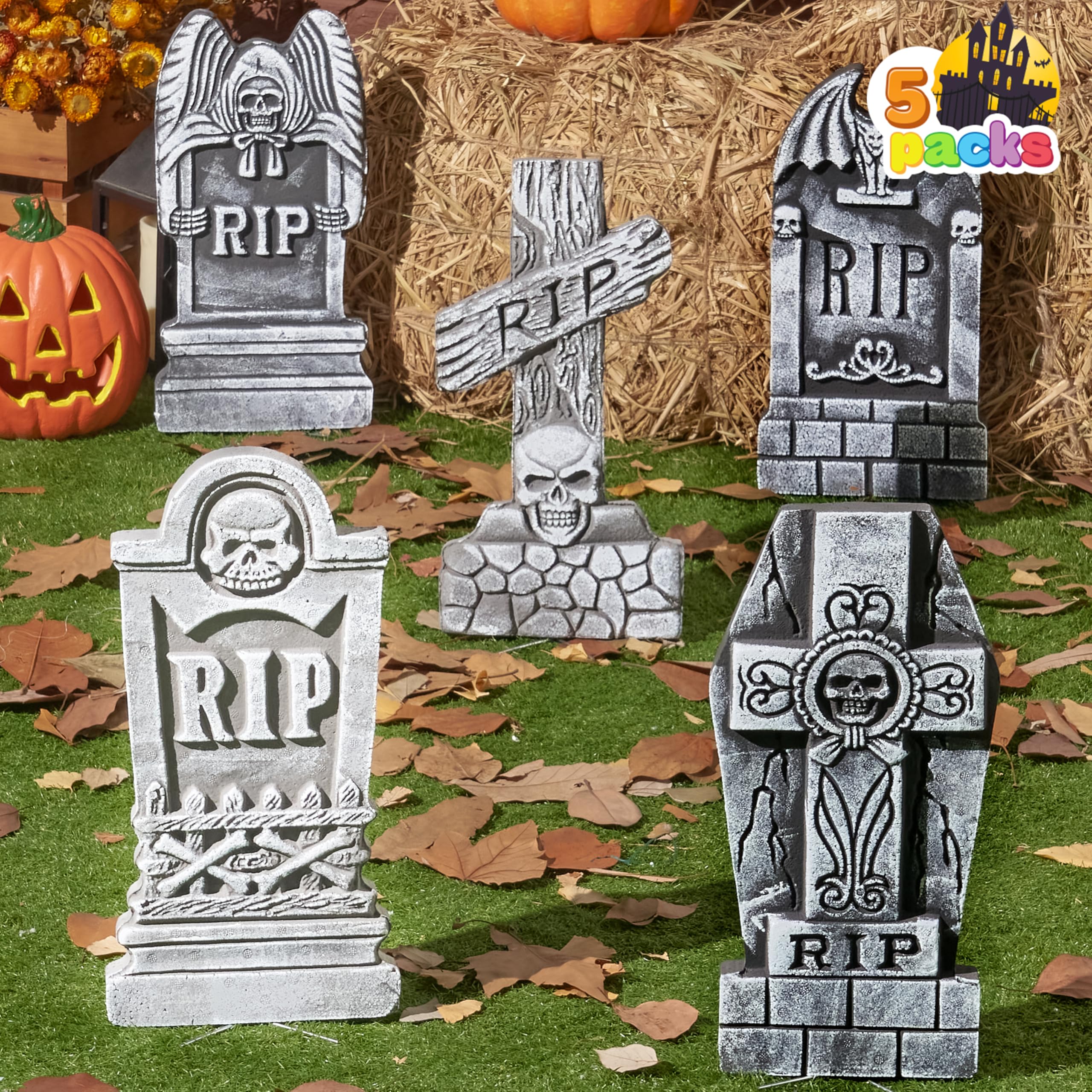 JOYIN 17” Halloween Foam RIP Graveyard Tombstones (5 Pack), Halloween Tombstones Outdoor Decorations for Graves Decorations with 12 Metal Stakes for Cemetery Yard Lawn Party Decor