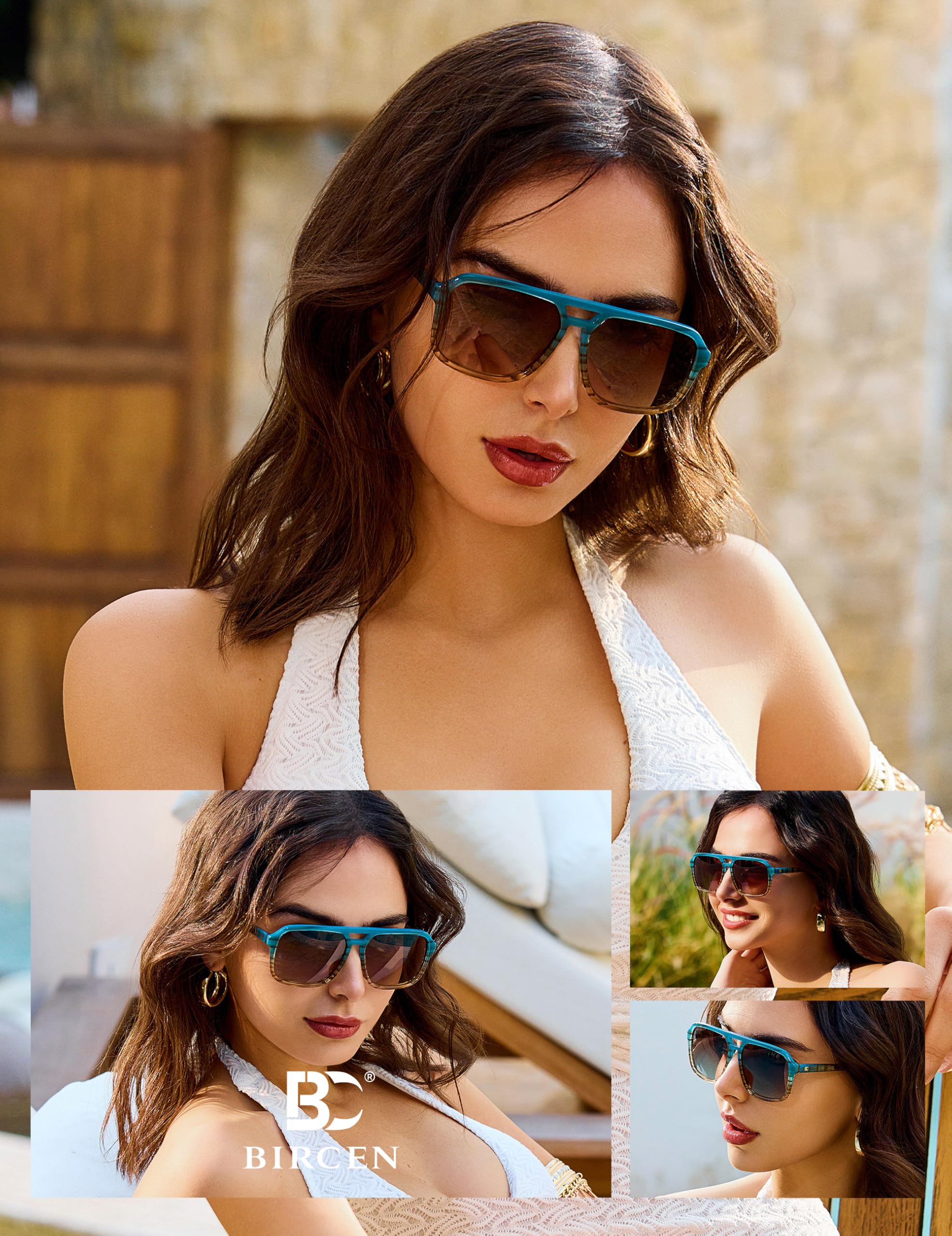 BIRCEN Women Polarized Acetate Sunglasses: Fashion Square Aviator Shades UV Protection for Trendy Laides Travel Beach Outdoor