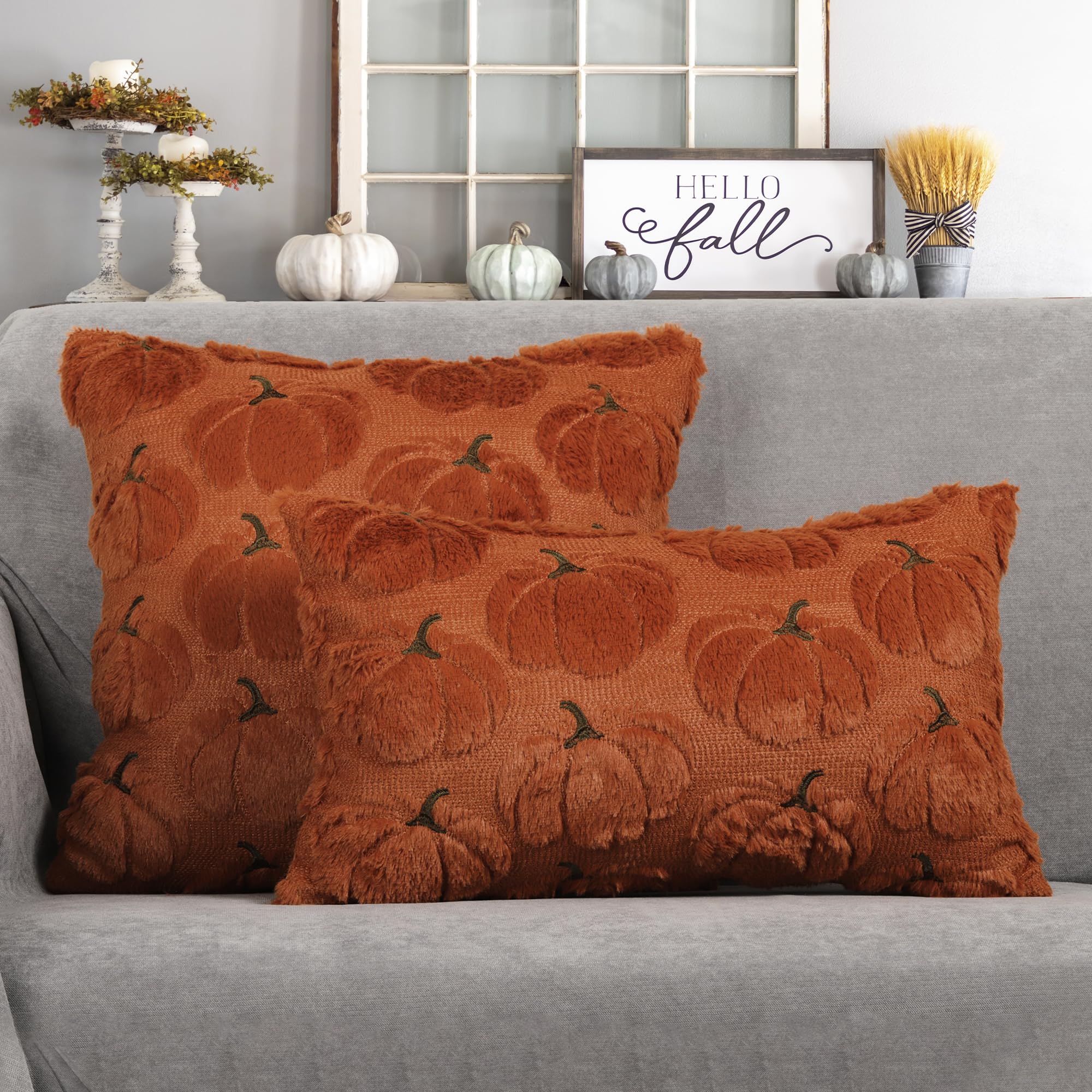4TH Emotion Fall Pumpkins Decorative Pillow Covers 18x18 Set of 2, Beige Soft Plush Faux Fur Wool Farmhouse Throw Cushion Cases for Autumn Thanksgiving Holiday Home Decorations
