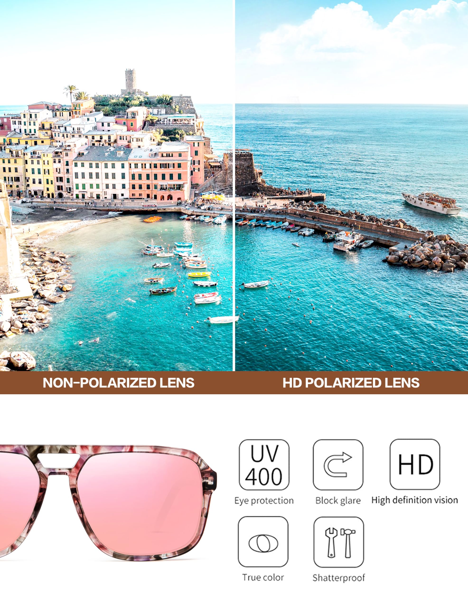 BIRCEN Women Polarized Acetate Sunglasses: Fashion Square Aviator Shades UV Protection for Trendy Laides Travel Beach Outdoor