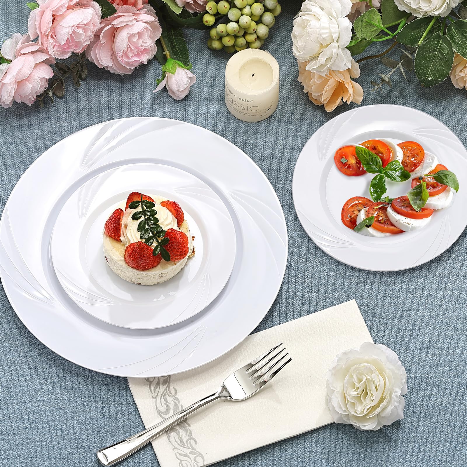 350-Piece Gold Rim Plastic Dinnerware Set for 50 Guests, Elegant Disposable Dinnerware for Party, Wedding. Includes Dinner Plates, Dessert Plates, Gold Silverware, Napkins, Cups
