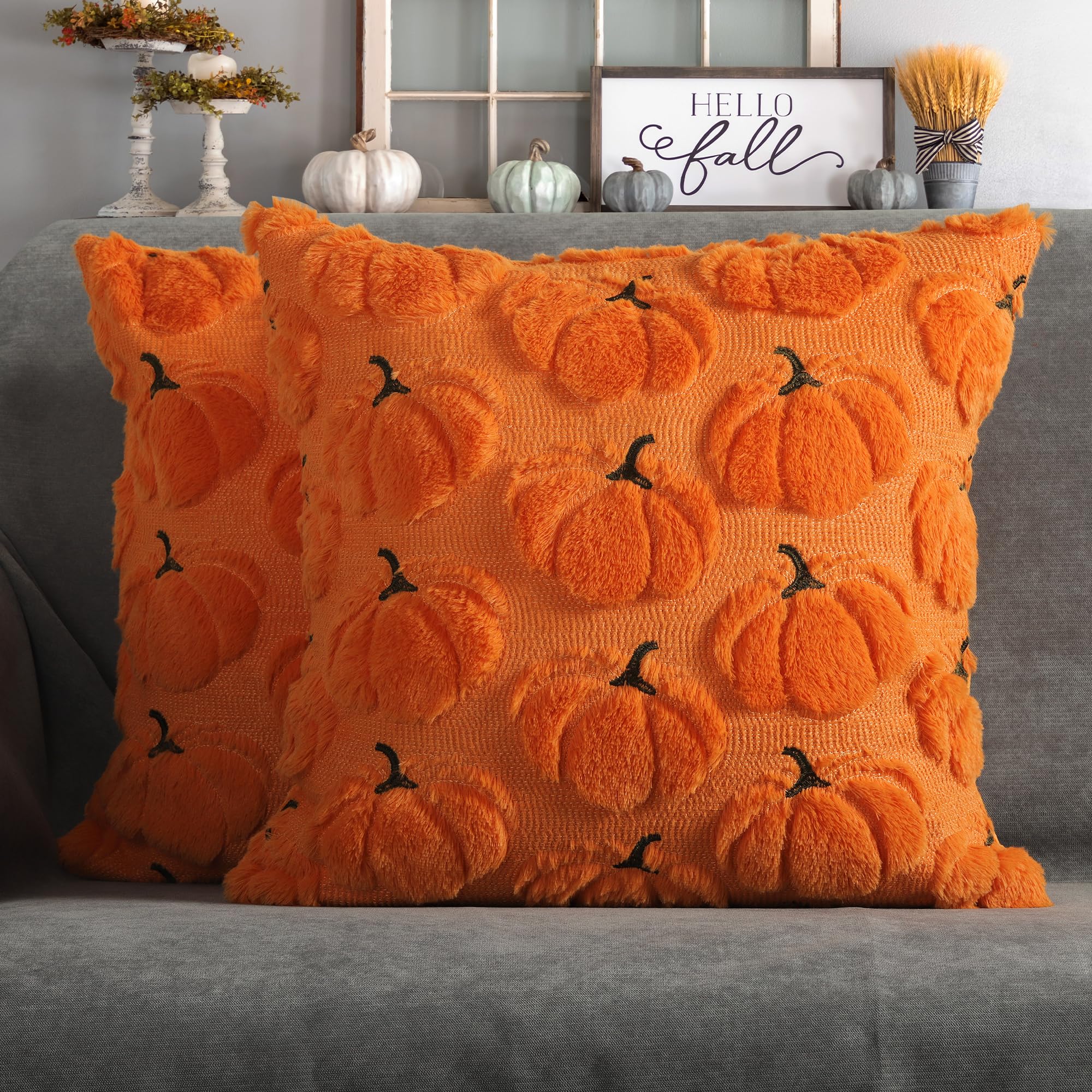 4TH Emotion Fall Pumpkins Decorative Pillow Covers 18x18 Set of 2, Beige Soft Plush Faux Fur Wool Farmhouse Throw Cushion Cases for Autumn Thanksgiving Holiday Home Decorations