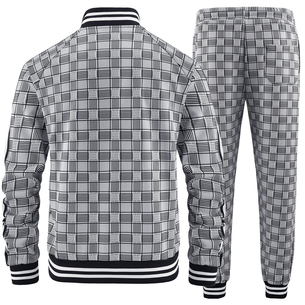 Men Tracksuits Full-zip Long Sleeve Plaid Track Jackets and Pants 2 Piece
