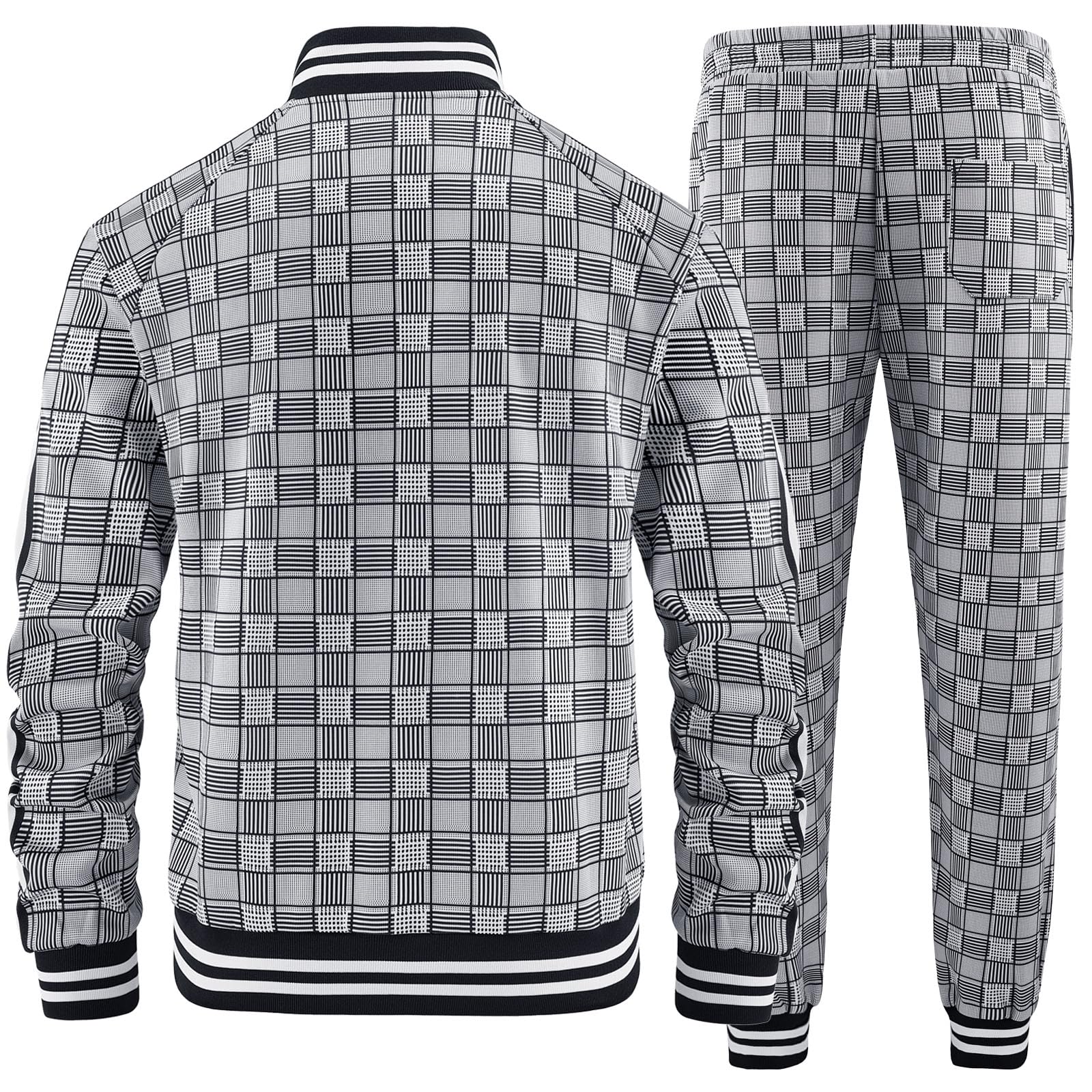 Men Tracksuits Full-zip Long Sleeve Plaid Track Jackets and Pants 2 Piece