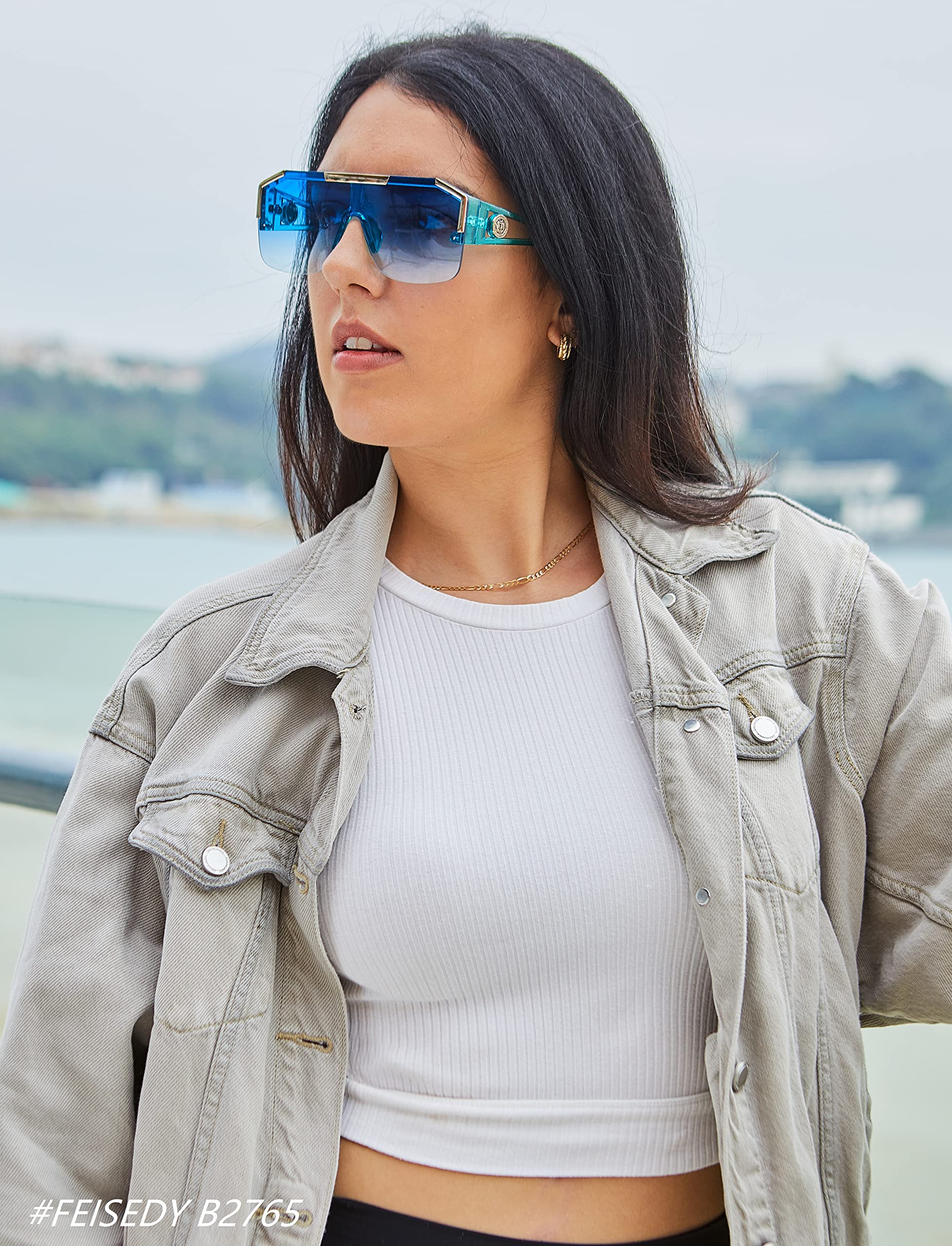 FEISEDY Square Oversized Sunglasses for Men Women, Flat Top Shield One Piece Lens Sun Glasses Shades B2765