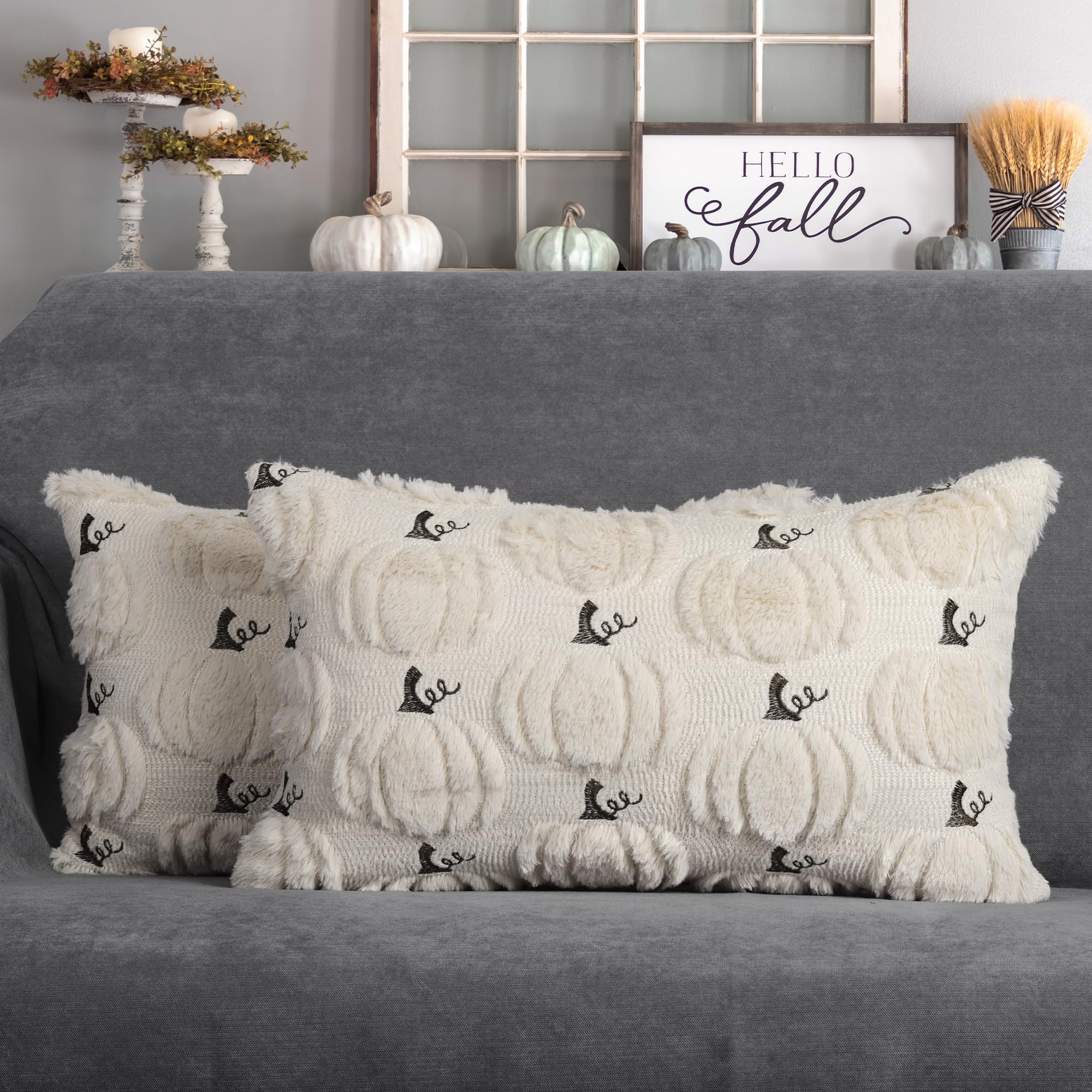 4TH Emotion Fall Pumpkins Decorative Pillow Covers 18x18 Set of 2, Beige Soft Plush Faux Fur Wool Farmhouse Throw Cushion Cases for Autumn Thanksgiving Holiday Home Decorations