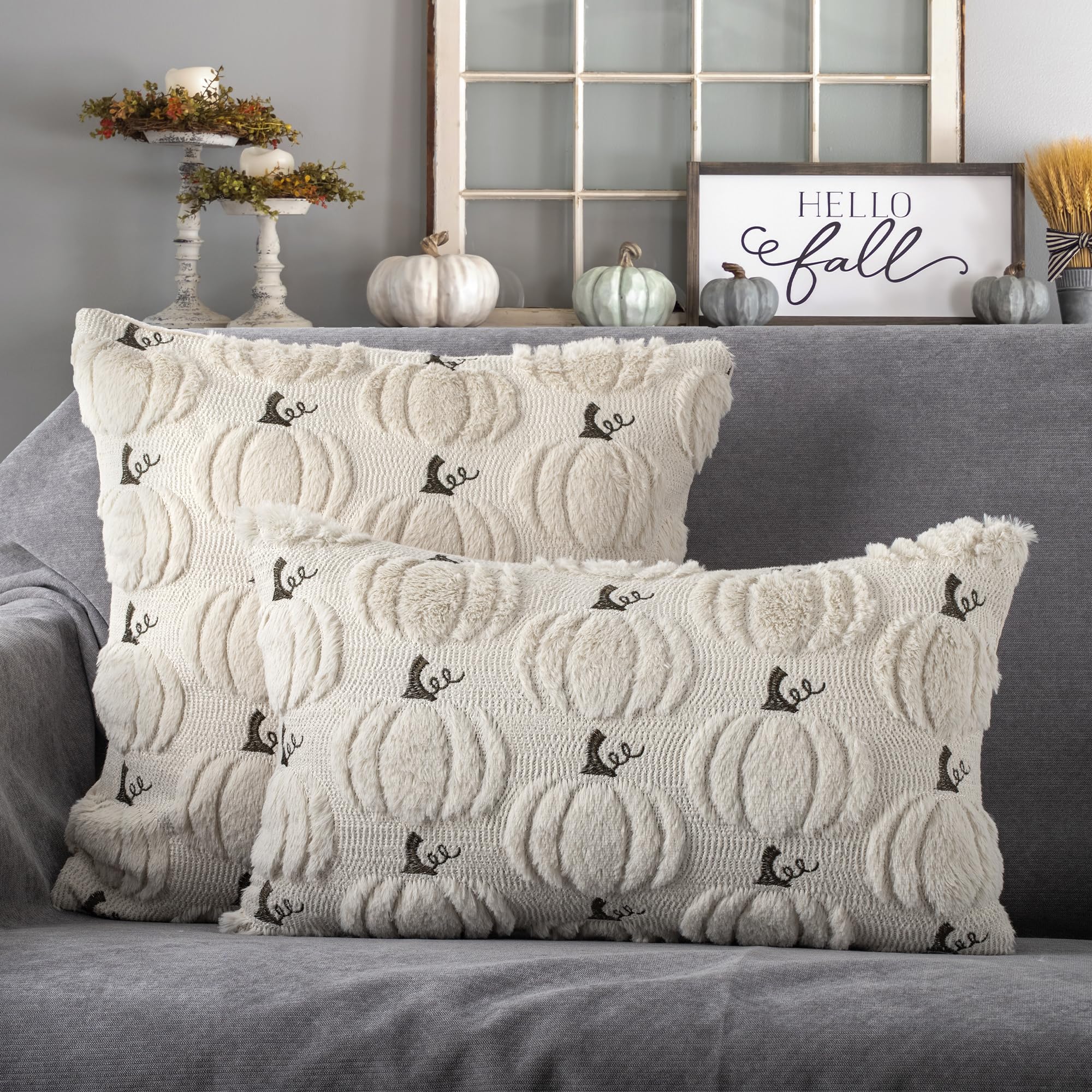4TH Emotion Fall Pumpkins Decorative Pillow Covers 18x18 Set of 2, Beige Soft Plush Faux Fur Wool Farmhouse Throw Cushion Cases for Autumn Thanksgiving Holiday Home Decorations