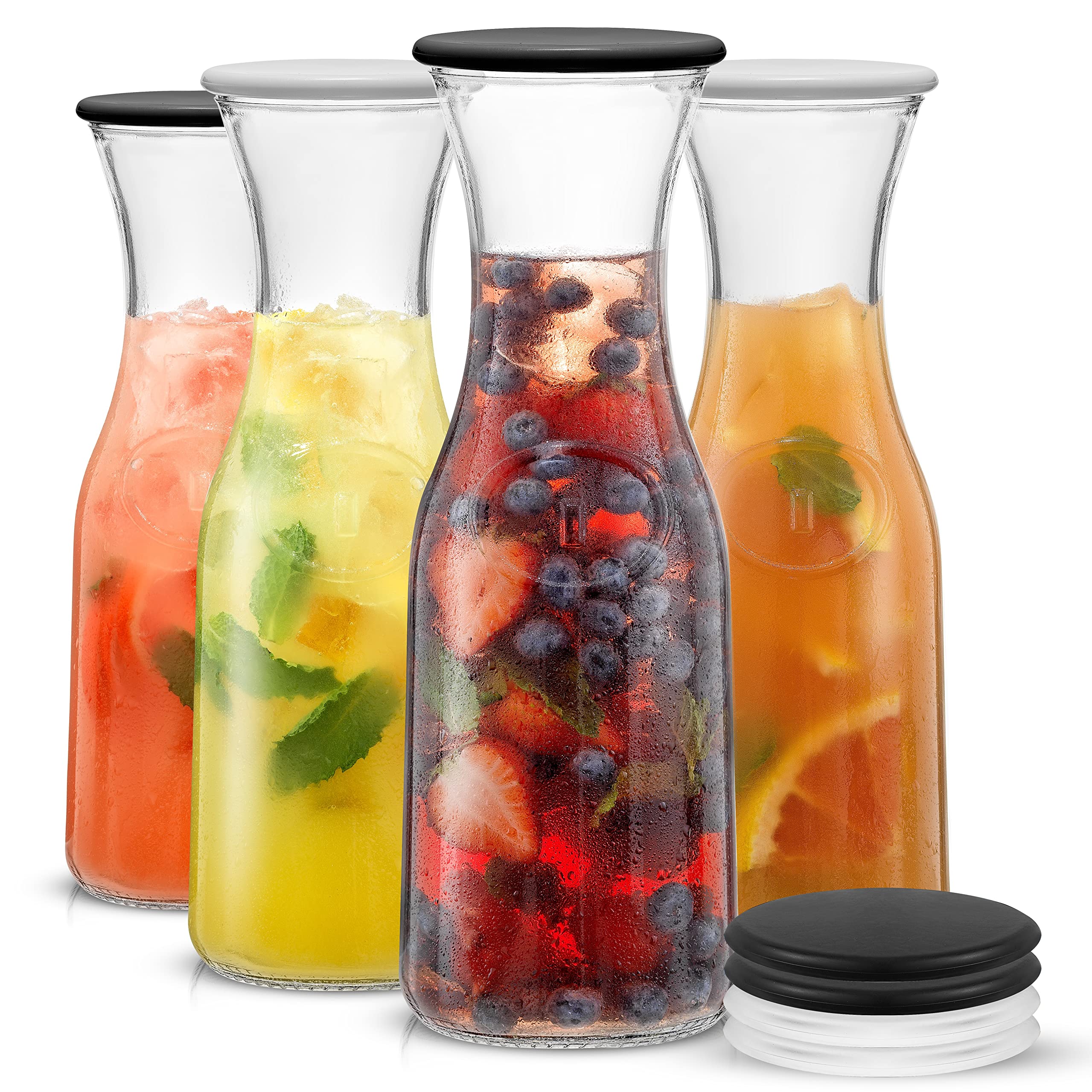 JoyJolt Glass Carafe with Lid, Set of 3 – 1 Liter Glass Pitcher for Mimosa Bar, Water, Iced Tea, Juice, Wine, Lemonade, Milk – Dishwasher Safe Beverage Drink Dispensers for Brunch, Parties