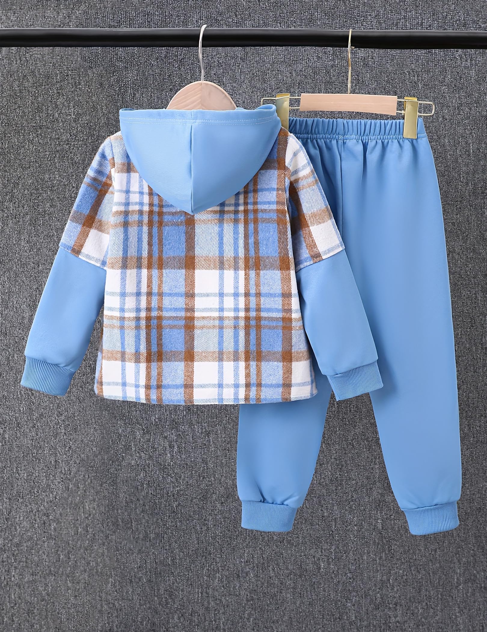 2Pcs Kids Boys Flannel Plaid Shirt Tops Pants Set Hoodie Sweatsuit for Fall Winter Spring Outfits 4-12 Years