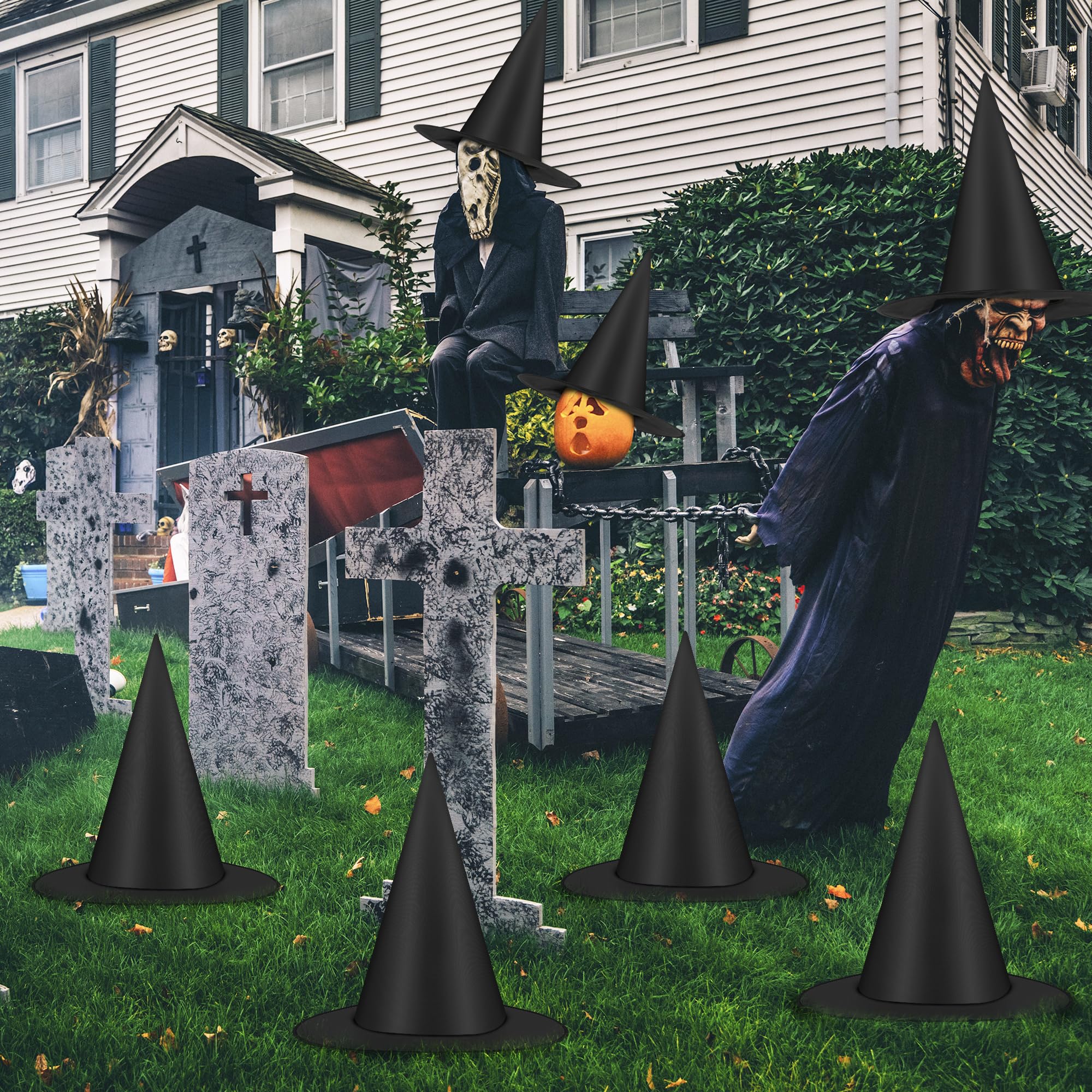 12 PCS Halloween Witch Hats, Black Hanging Witch Hat, Witch Costume Accessories Witches Hat with 328 FT Nylon Cord Wizard Hats Indoor Outdoor Halloween Decorations for Home Yard Porch Ceiling