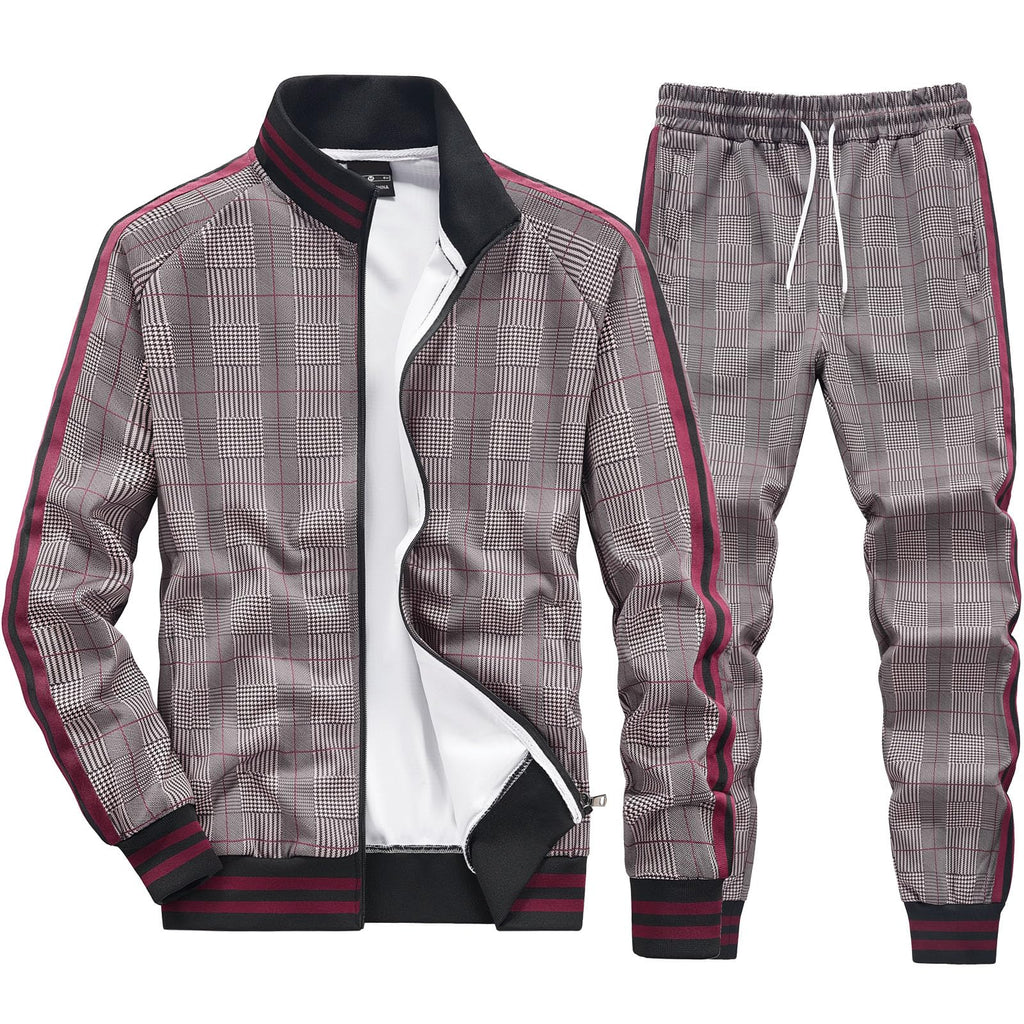 Men Tracksuits Full-zip Long Sleeve Plaid Track Jackets and Pants 2 Piece
