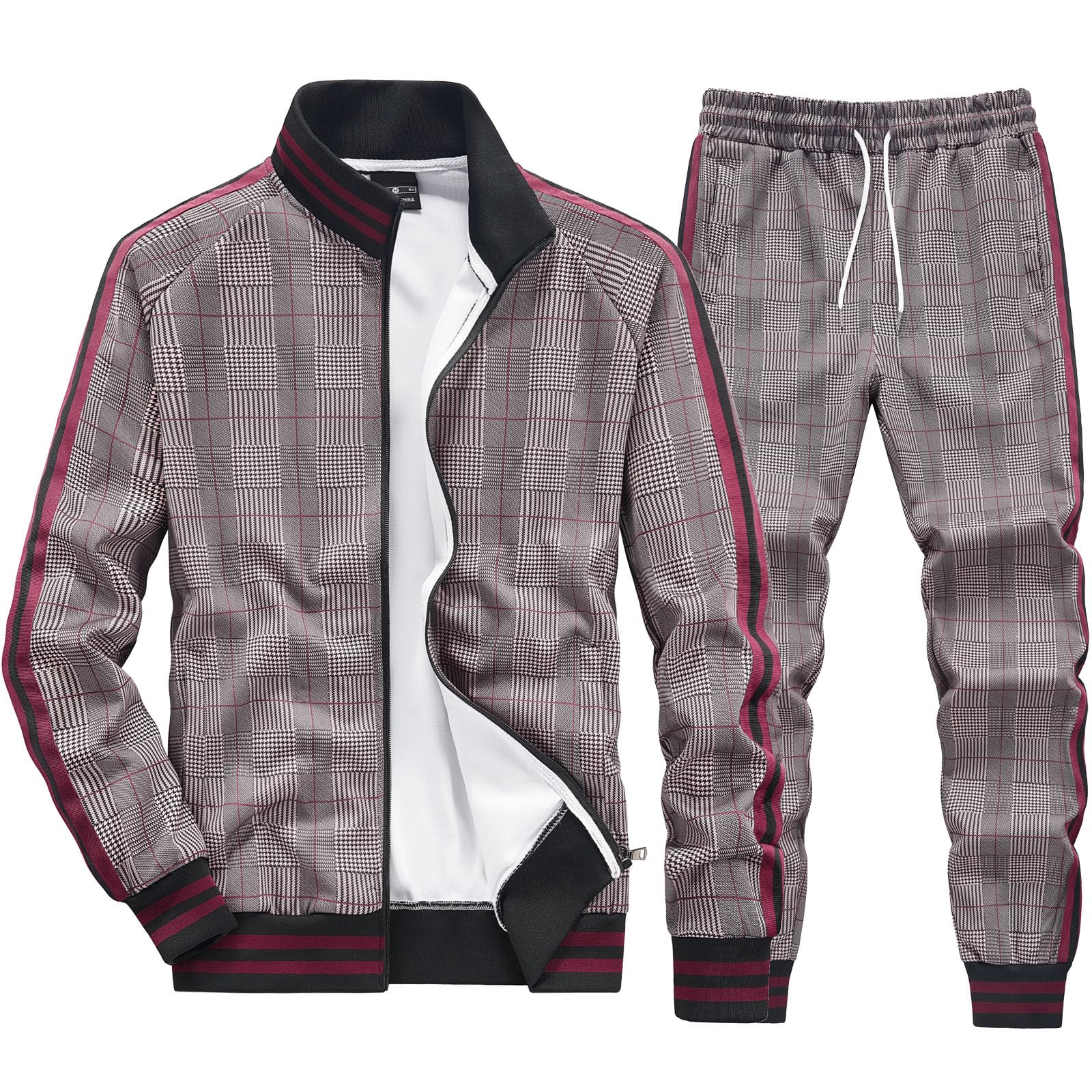 Men Tracksuits Full-zip Long Sleeve Plaid Track Jackets and Pants 2 Piece