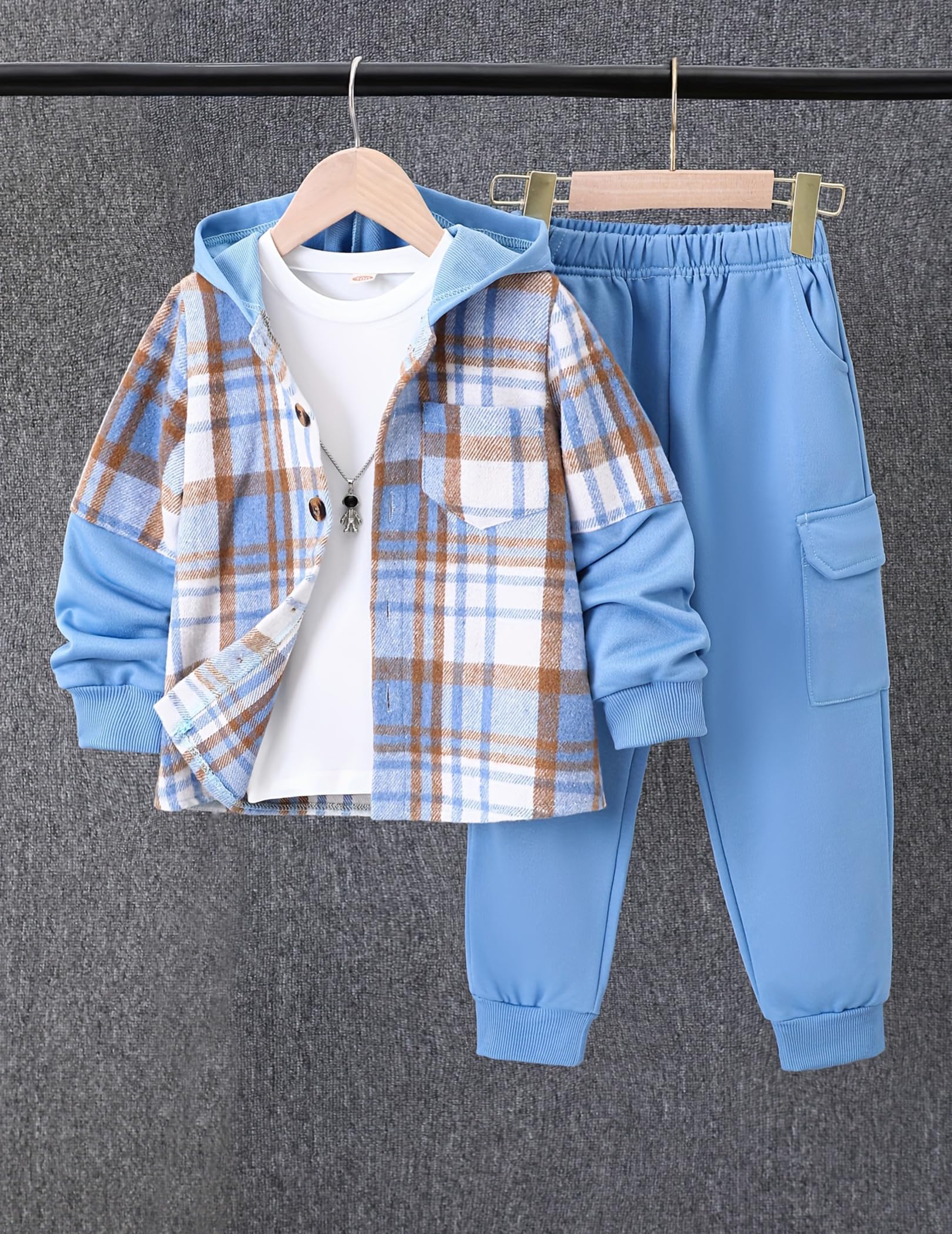 2Pcs Kids Boys Flannel Plaid Shirt Tops Pants Set Hoodie Sweatsuit for Fall Winter Spring Outfits 4-12 Years