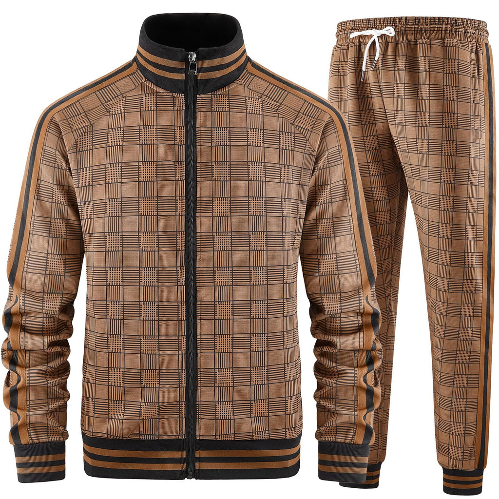 Men Tracksuits Full-zip Long Sleeve Plaid Track Jackets and Pants 2 Piece