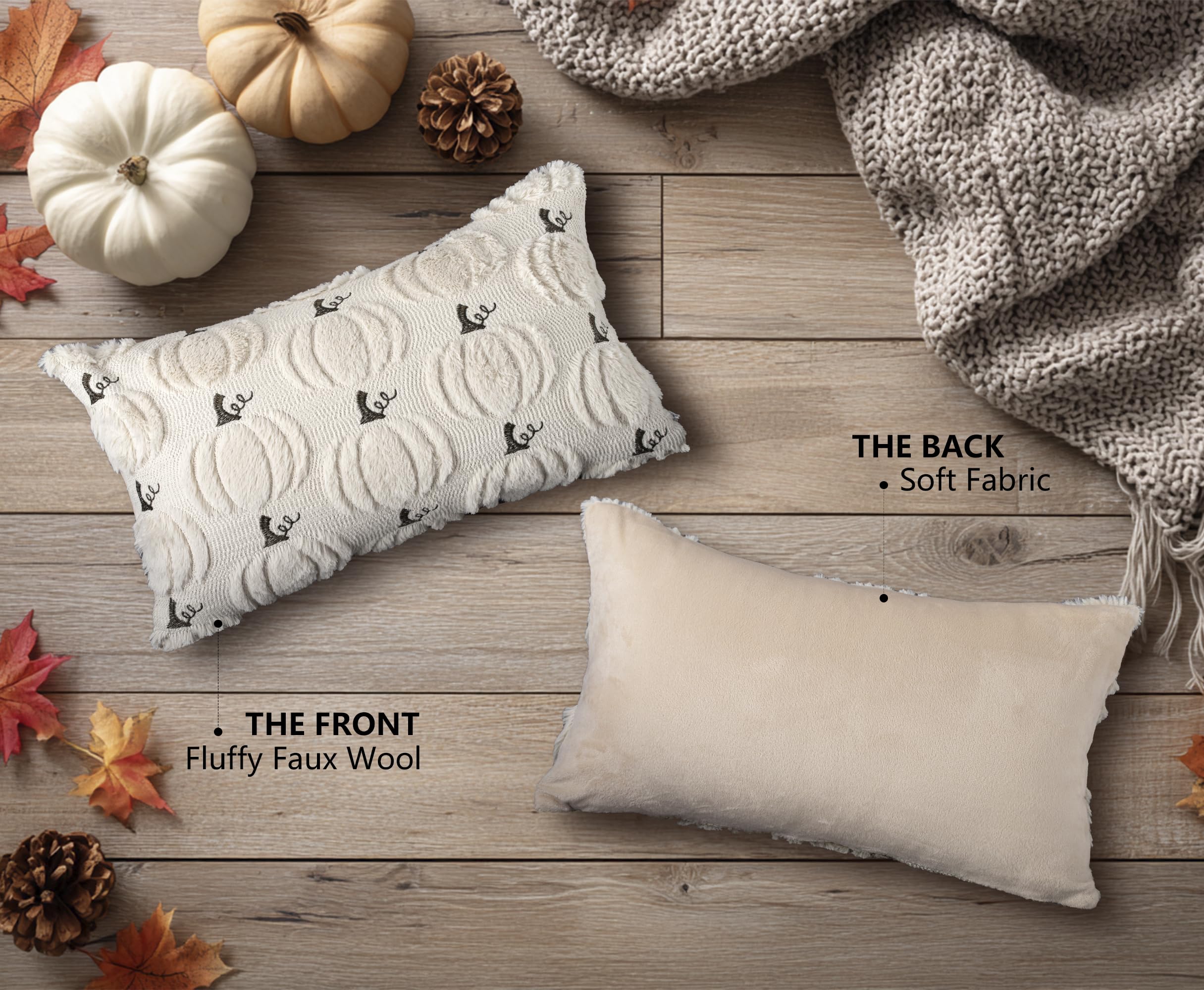 4TH Emotion Fall Pumpkins Decorative Pillow Covers 18x18 Set of 2, Beige Soft Plush Faux Fur Wool Farmhouse Throw Cushion Cases for Autumn Thanksgiving Holiday Home Decorations