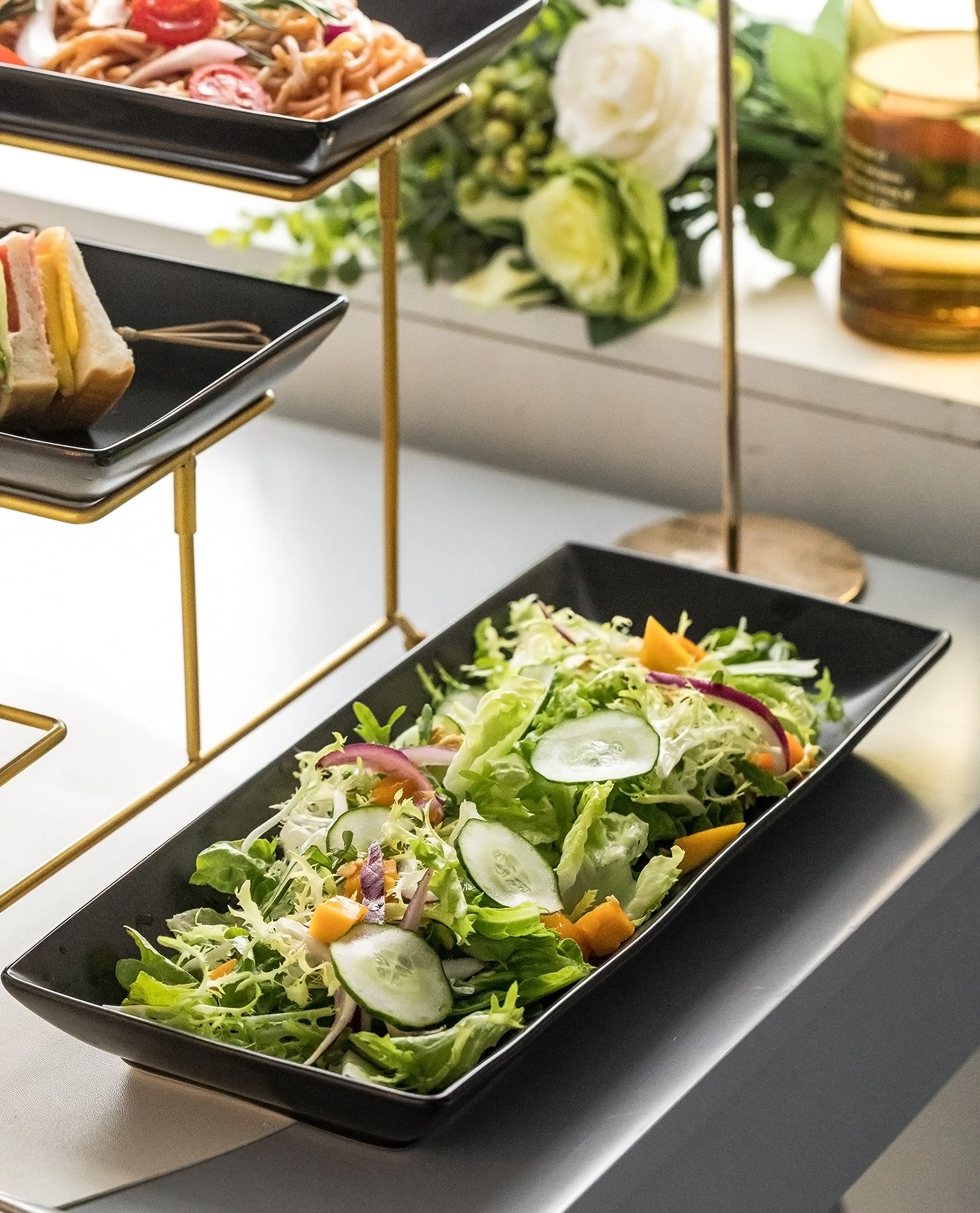 LYEOBOH 3 Tier Serving Bowls Set with Collapsible Thicker Metal Stand, Oval Serving Dishes for Entertaining Tiered Serving Stand for Fruit, Dessert, Candy, Chip and Dip (Black)