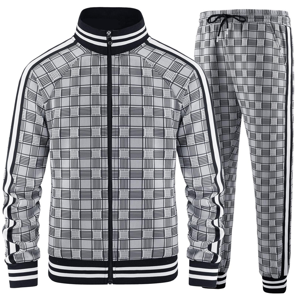 Men Tracksuits Full-zip Long Sleeve Plaid Track Jackets and Pants 2 Piece