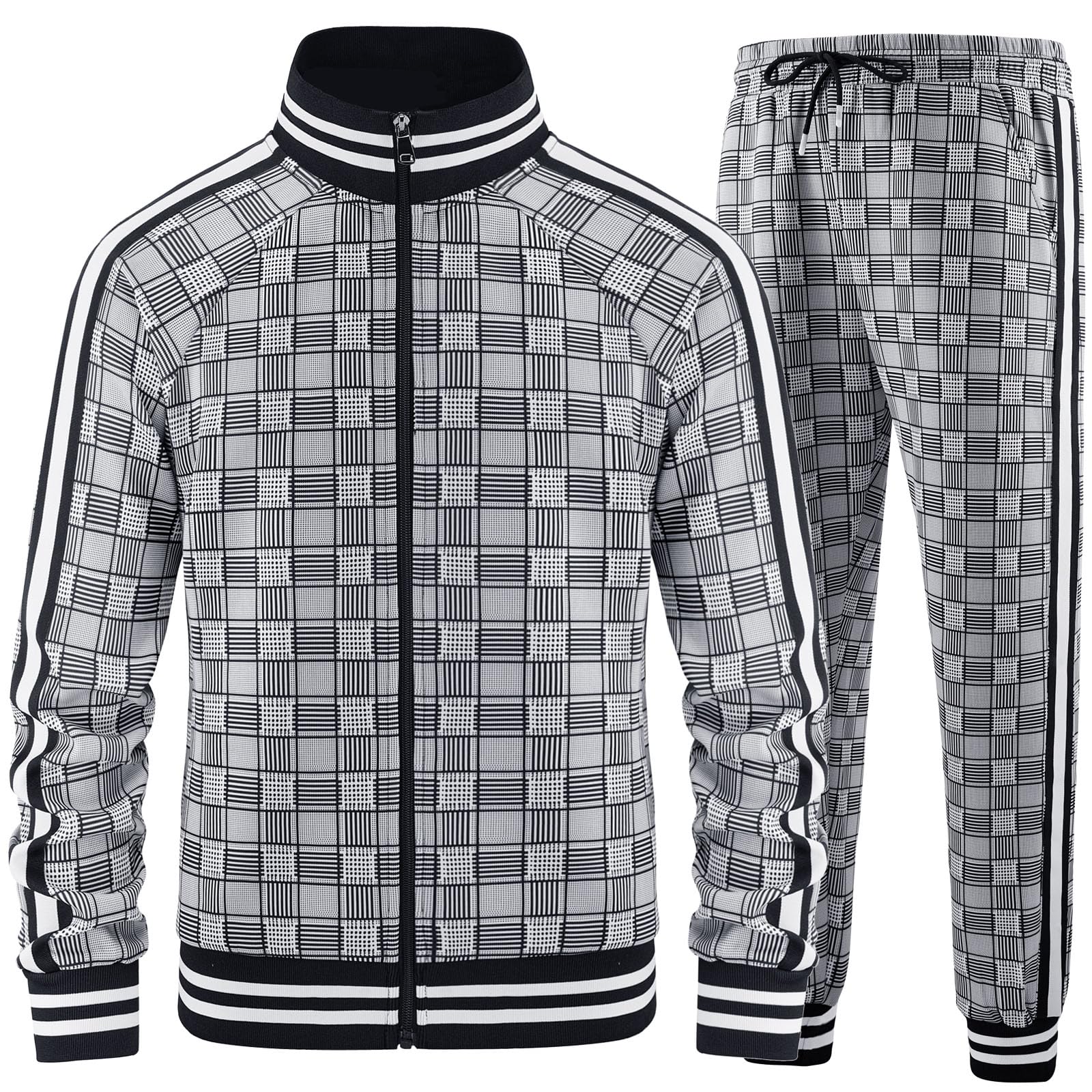 Men Tracksuits Full-zip Long Sleeve Plaid Track Jackets and Pants 2 Piece