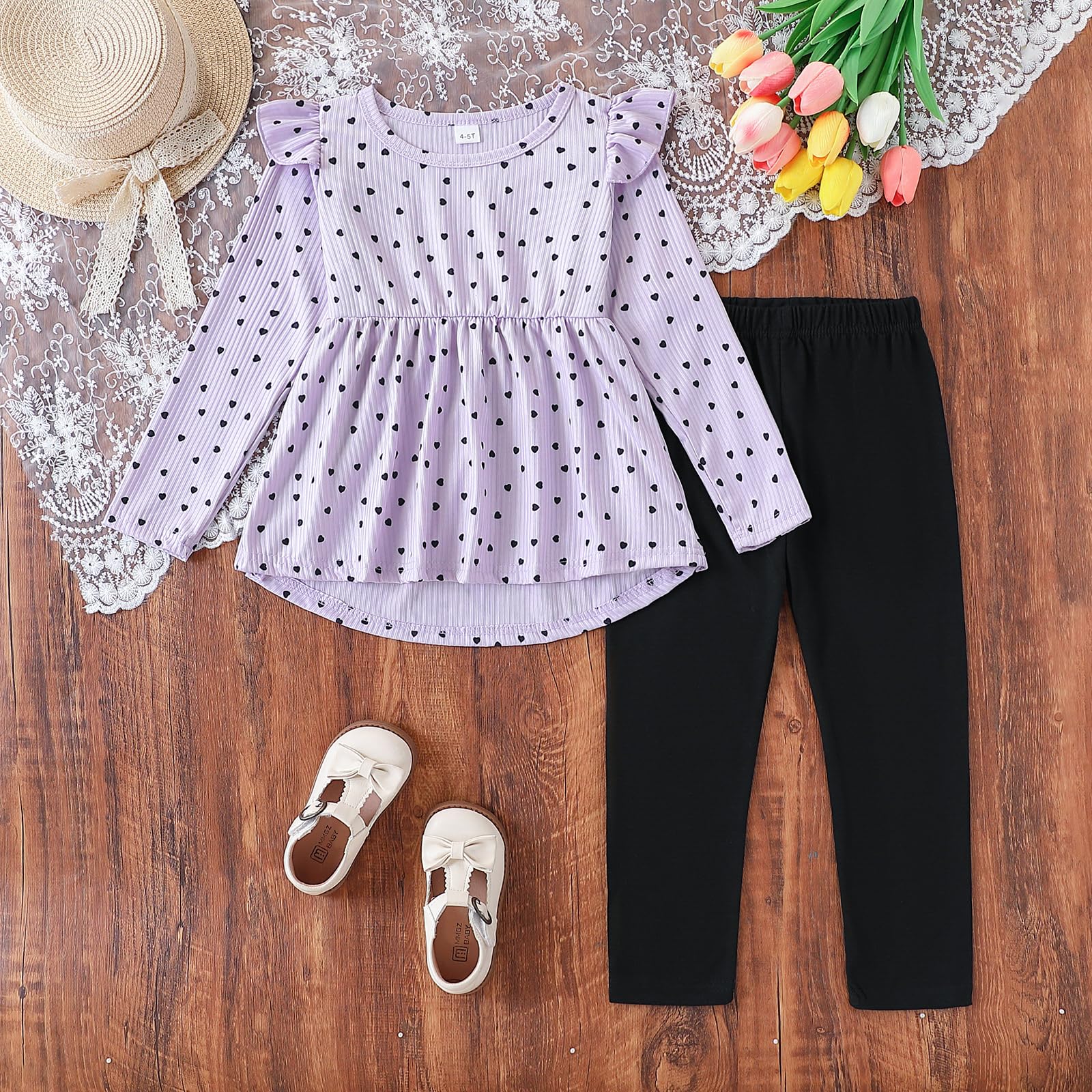 Toddler Girl Clothes Ruffle Long Sleeve Heart Print Tops and Pants 2PC Little Girl Winter Outfits Size (4-7T)