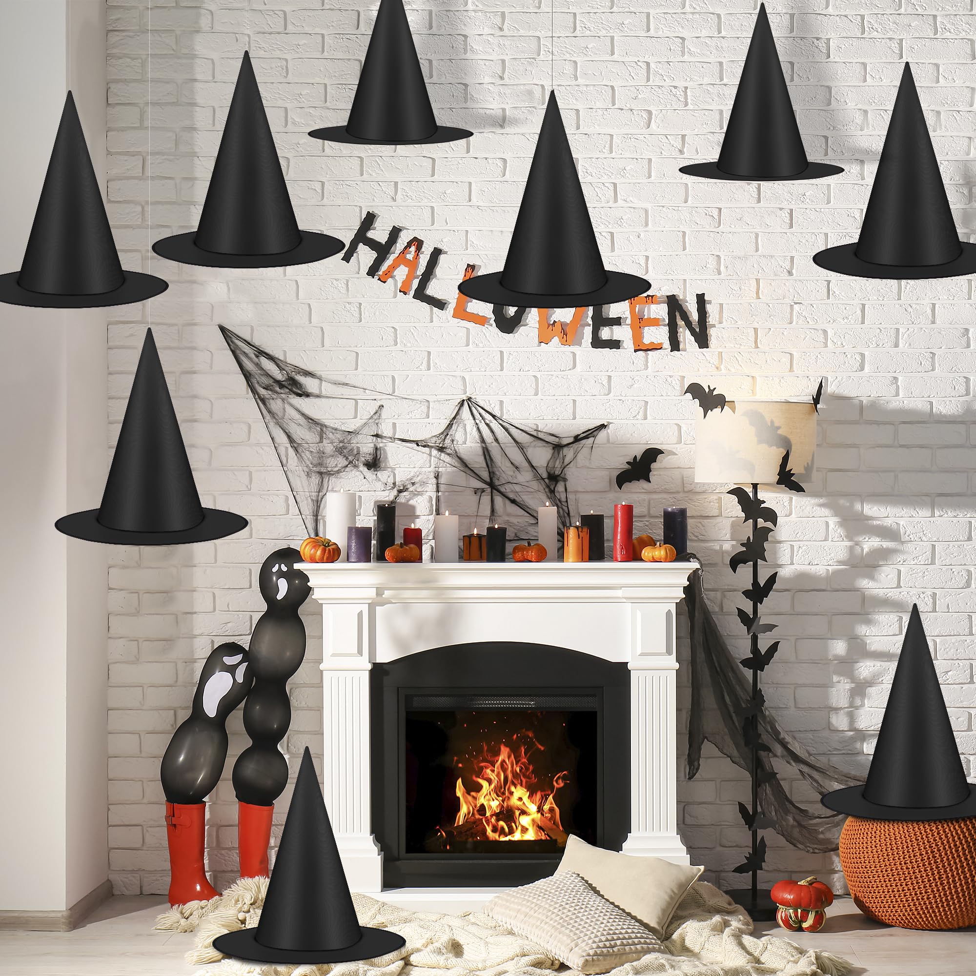 12 PCS Halloween Witch Hats, Black Hanging Witch Hat, Witch Costume Accessories Witches Hat with 328 FT Nylon Cord Wizard Hats Indoor Outdoor Halloween Decorations for Home Yard Porch Ceiling