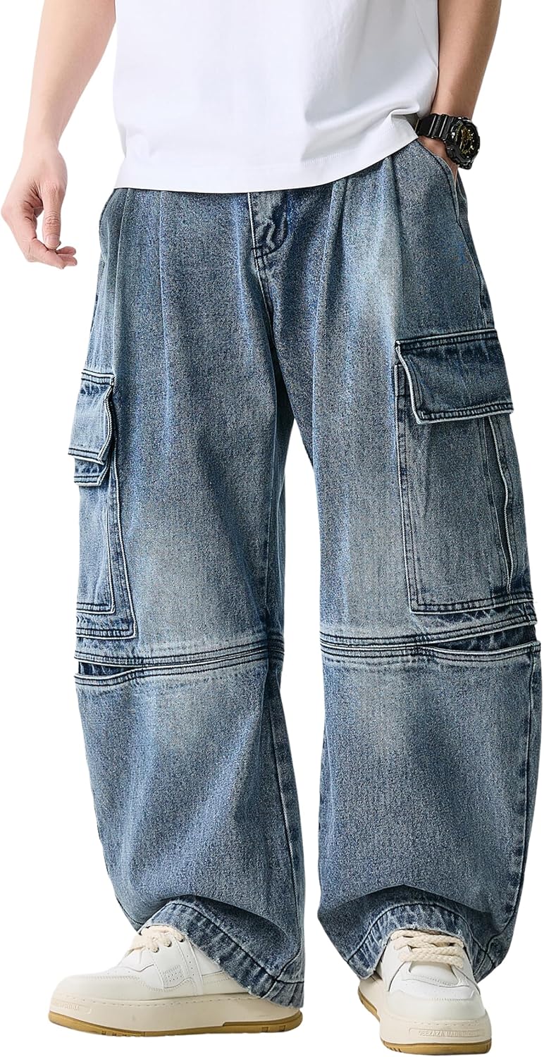 DOSLAVIDA Baggy Jeans for Men Wide Leg Hip Hop Jean Stylish Loose Fit Denim Pants Casual Streetwear Skateboard Pants
