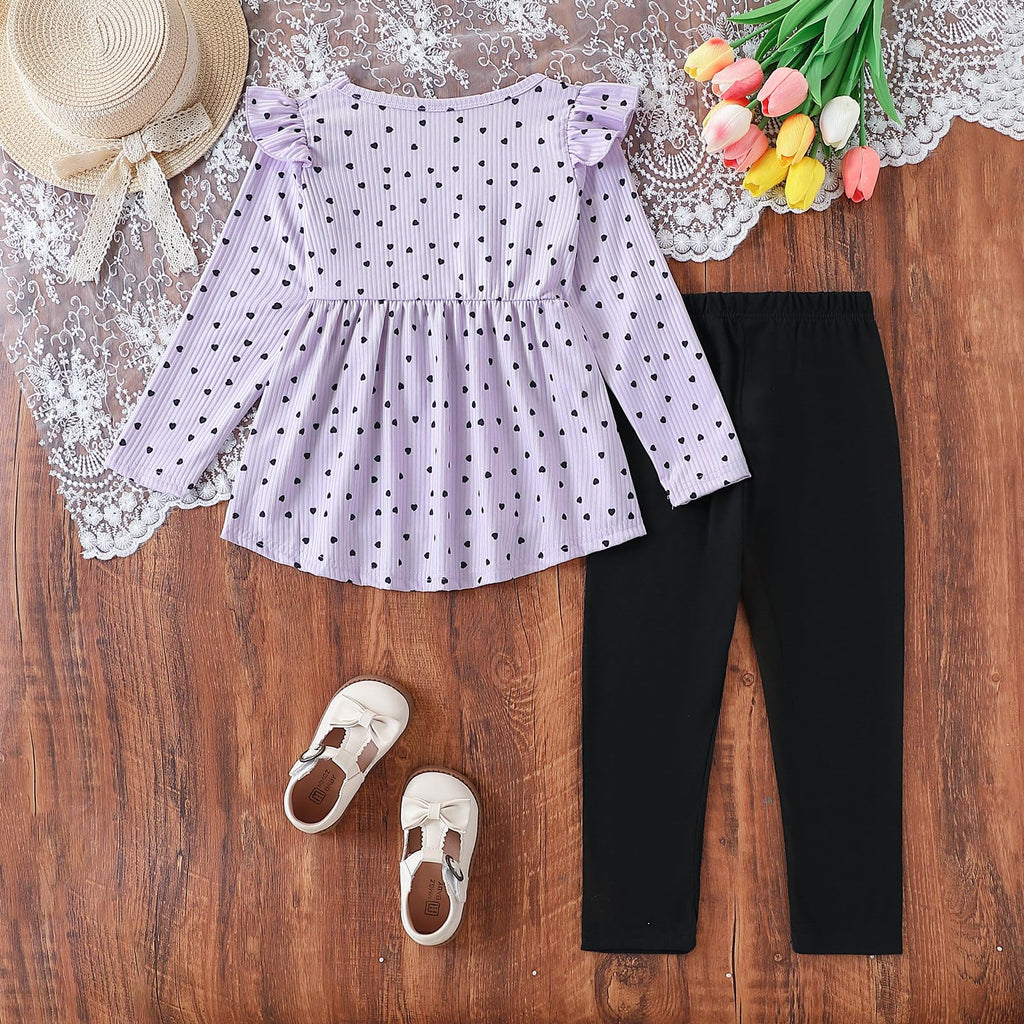 Toddler Girl Clothes Ruffle Long Sleeve Heart Print Tops and Pants 2PC Little Girl Winter Outfits Size (4-7T)