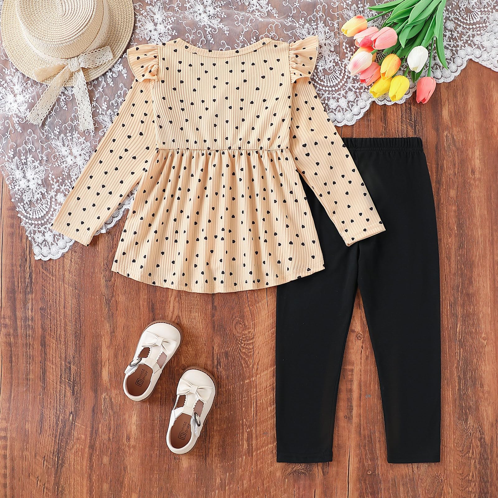 Toddler Girl Clothes Ruffle Long Sleeve Heart Print Tops and Pants 2PC Little Girl Winter Outfits Size (4-7T)