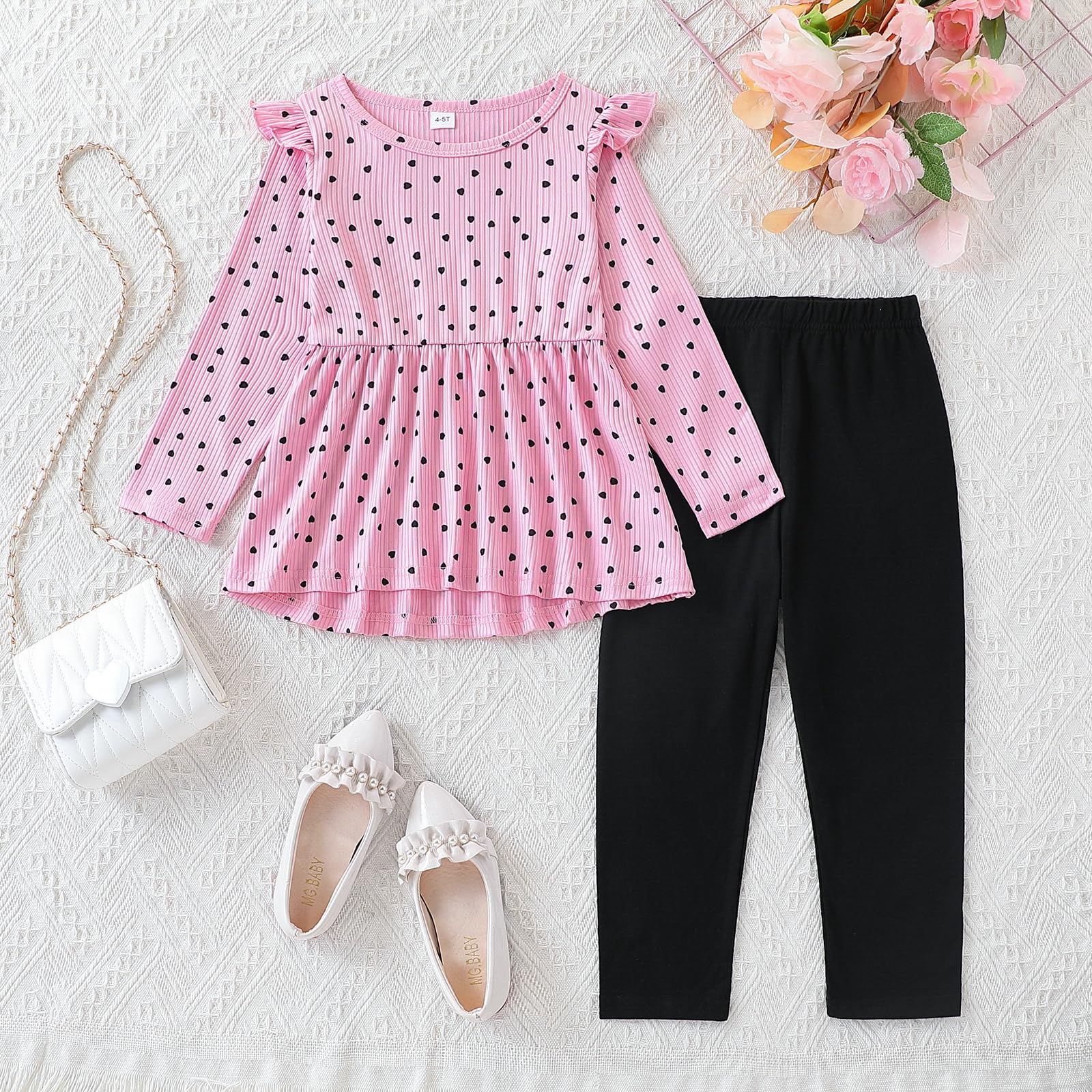 Toddler Girl Clothes Ruffle Long Sleeve Heart Print Tops and Pants 2PC Little Girl Winter Outfits Size (4-7T)