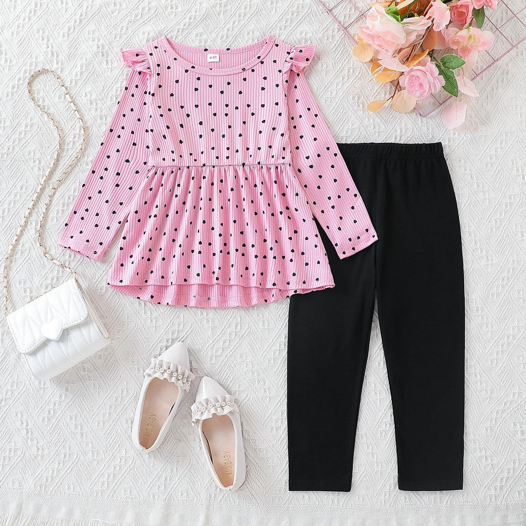 Toddler Girl Clothes Ruffle Long Sleeve Heart Print Tops and Pants 2PC Little Girl Winter Outfits Size (4-7T)