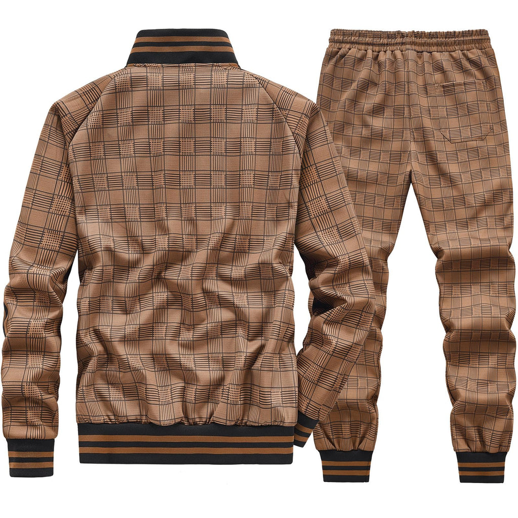 Men Tracksuits Full-zip Long Sleeve Plaid Track Jackets and Pants 2 Piece
