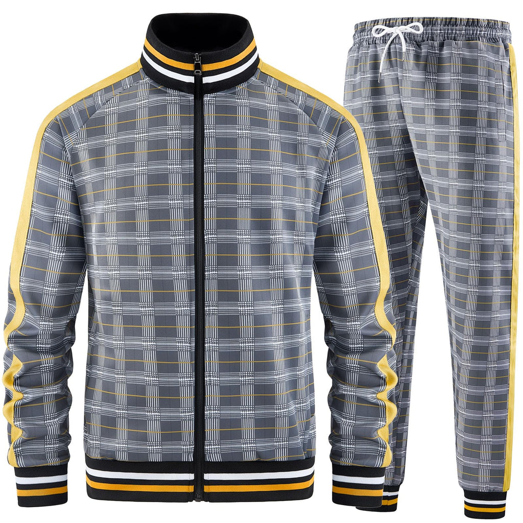 Men Tracksuits Full-zip Long Sleeve Plaid Track Jackets and Pants 2 Piece