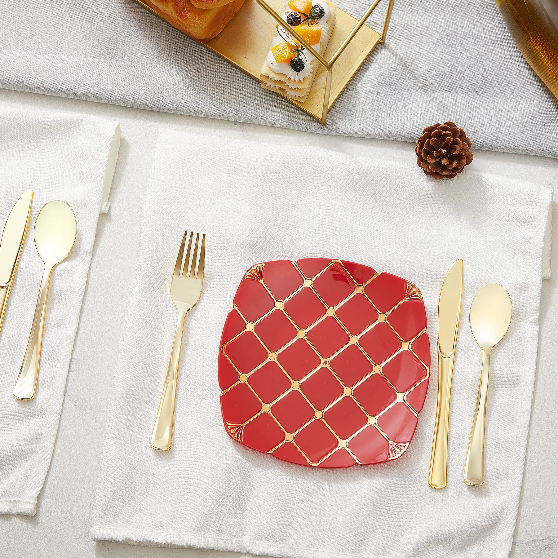 N9R 300PCS Gold Plastic Silverware, Heavy Duty Gold Plastic Cutlery Set Disposable Flatware Dinnerware, 100 Forks, 100 Spoons, 100 Knives, Perfect for Party, Wedding and Daily Use