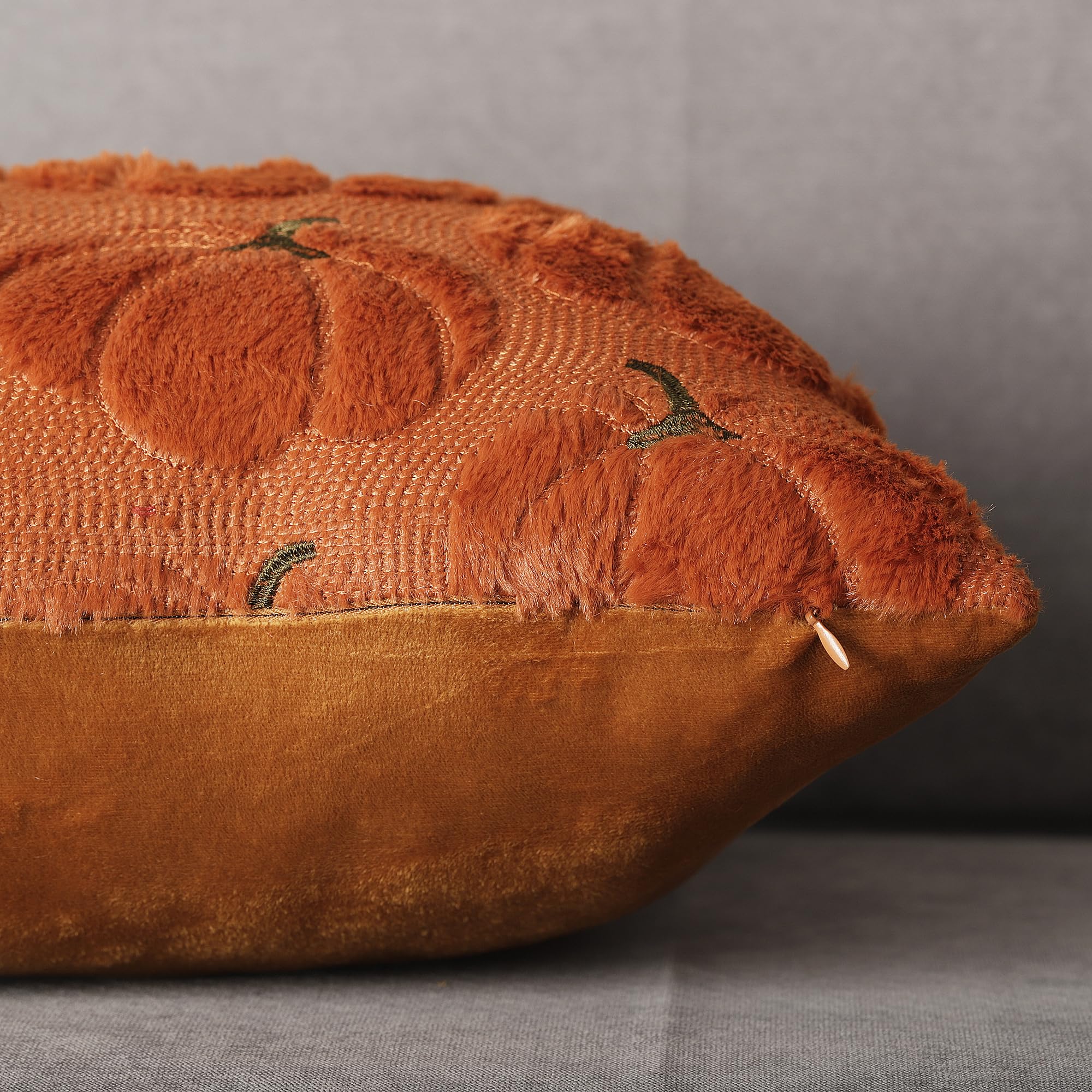 4TH Emotion Fall Pumpkins Decorative Pillow Covers 18x18 Set of 2, Beige Soft Plush Faux Fur Wool Farmhouse Throw Cushion Cases for Autumn Thanksgiving Holiday Home Decorations