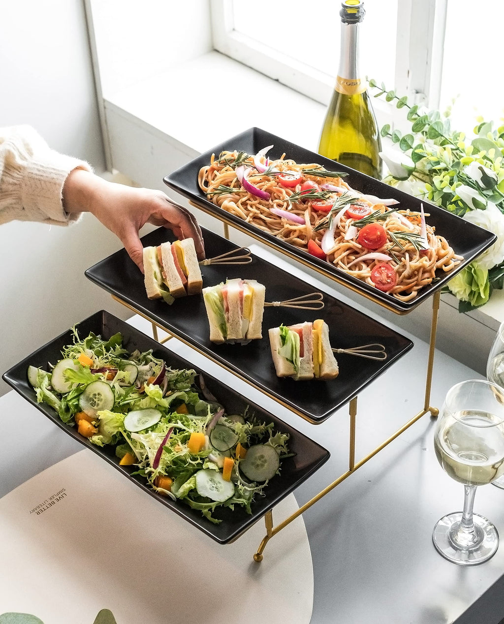 LYEOBOH 3 Tier Serving Bowls Set with Collapsible Thicker Metal Stand, Oval Serving Dishes for Entertaining Tiered Serving Stand for Fruit, Dessert, Candy, Chip and Dip (Black)