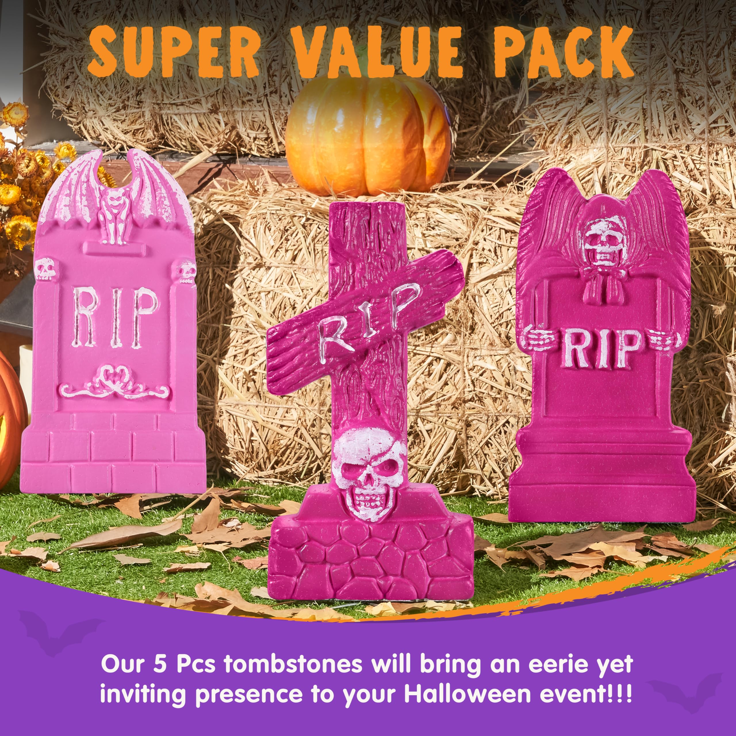 JOYIN 17” Halloween Foam RIP Graveyard Tombstones (5 Pack), Halloween Tombstones Outdoor Decorations for Graves Decorations with 12 Metal Stakes for Cemetery Yard Lawn Party Decor