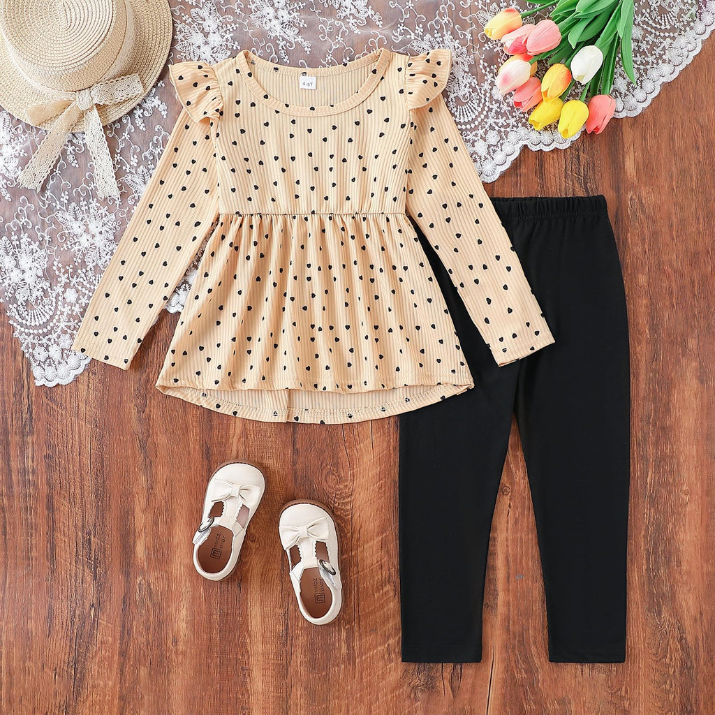 Toddler Girl Clothes Ruffle Long Sleeve Heart Print Tops and Pants 2PC Little Girl Winter Outfits Size (4-7T)